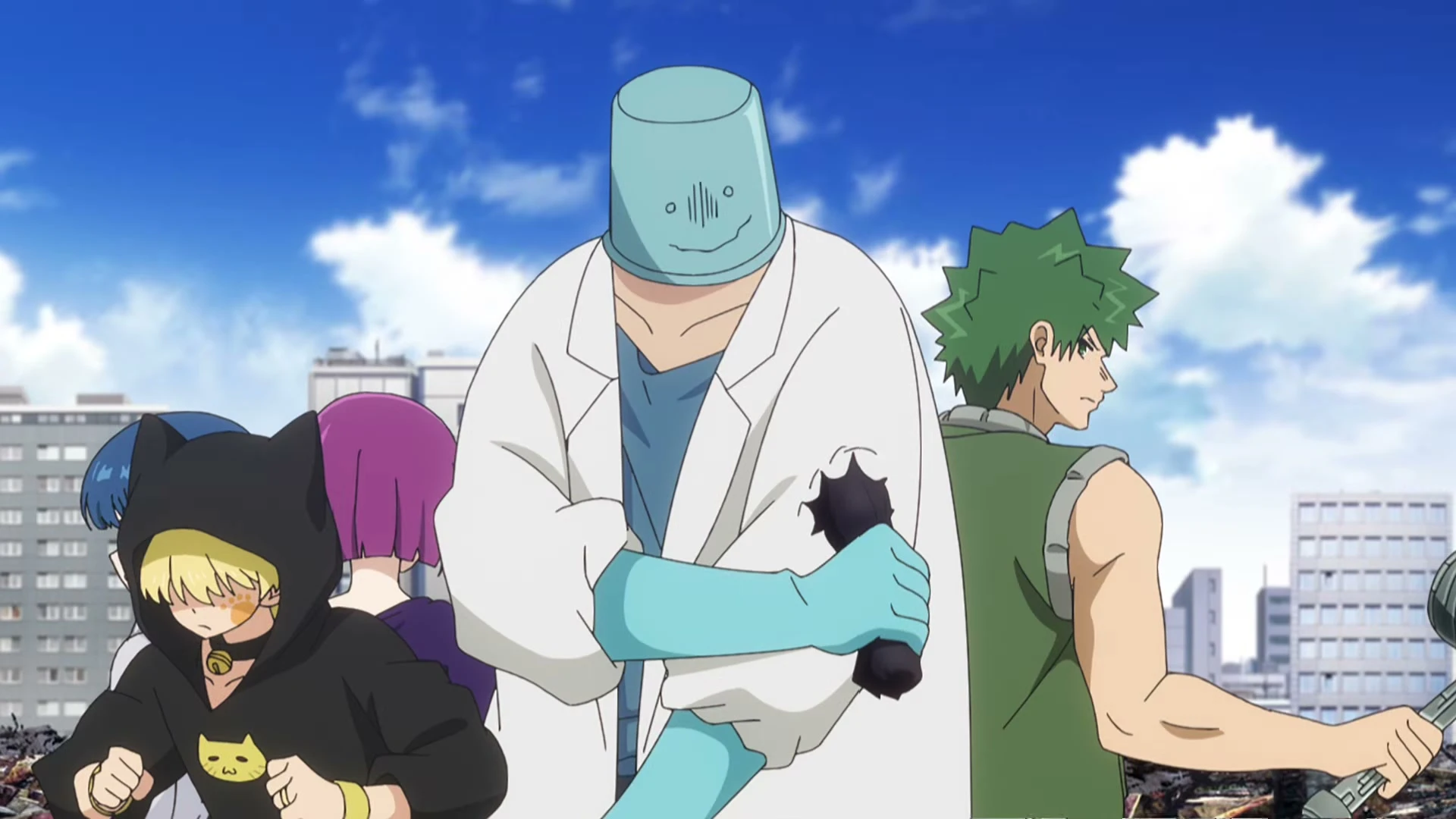 Kengo, Shion, Nanao and Shinzo Yozakura stand together under a blue sky in the Season 2 Cour 2 trailer.