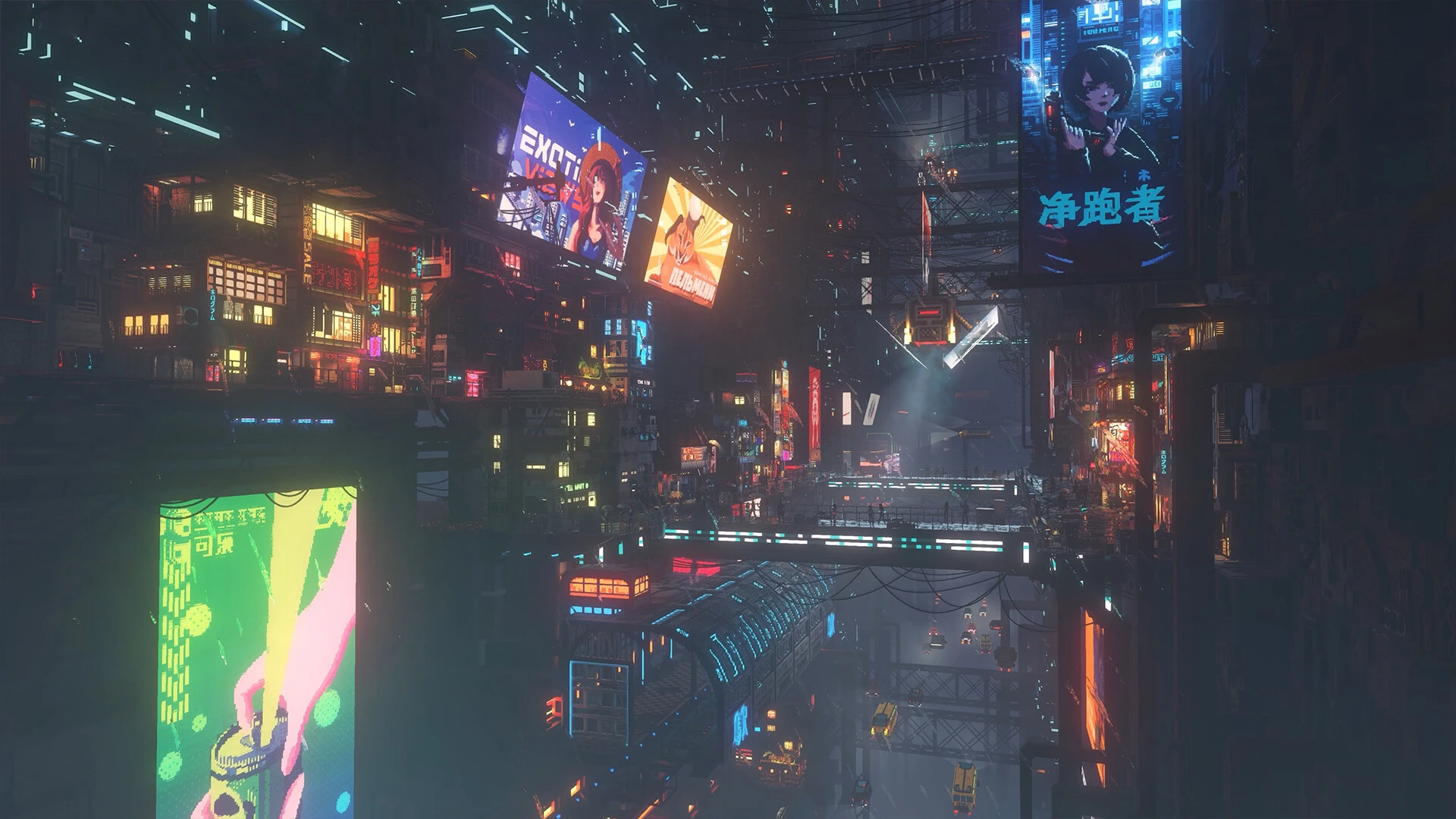 Nivalis Nights opens onto a crowded neon city street.