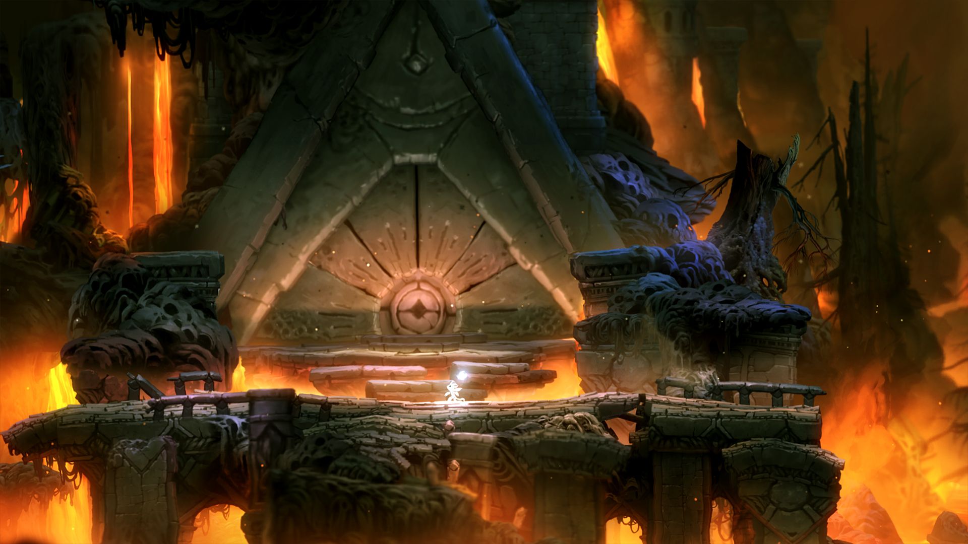 A warm orange ruin contains a stone platform and a glowing circular doorway.