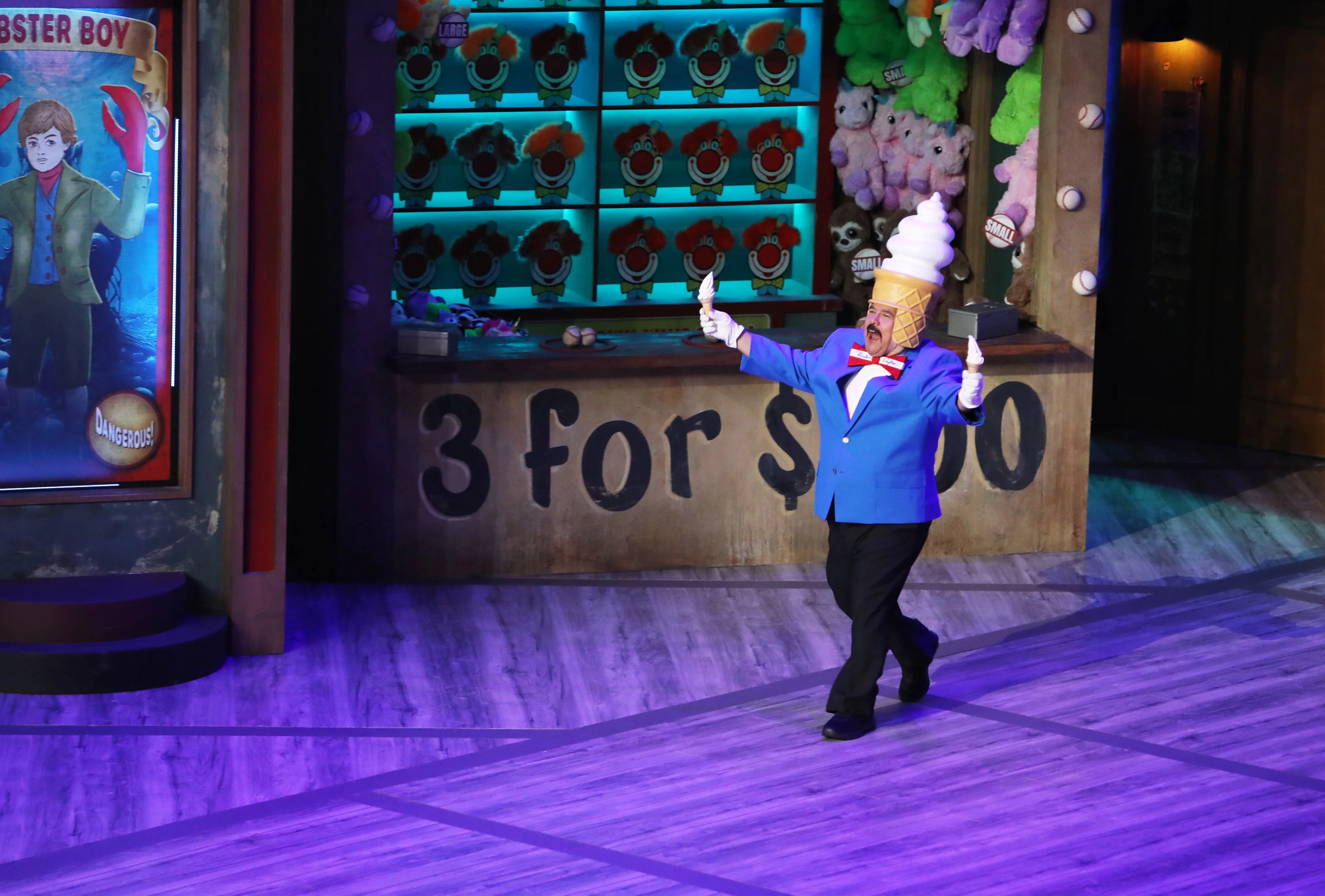 Guillermo in his Mister Softee costume on the Brooklyn Academy of Music stage.