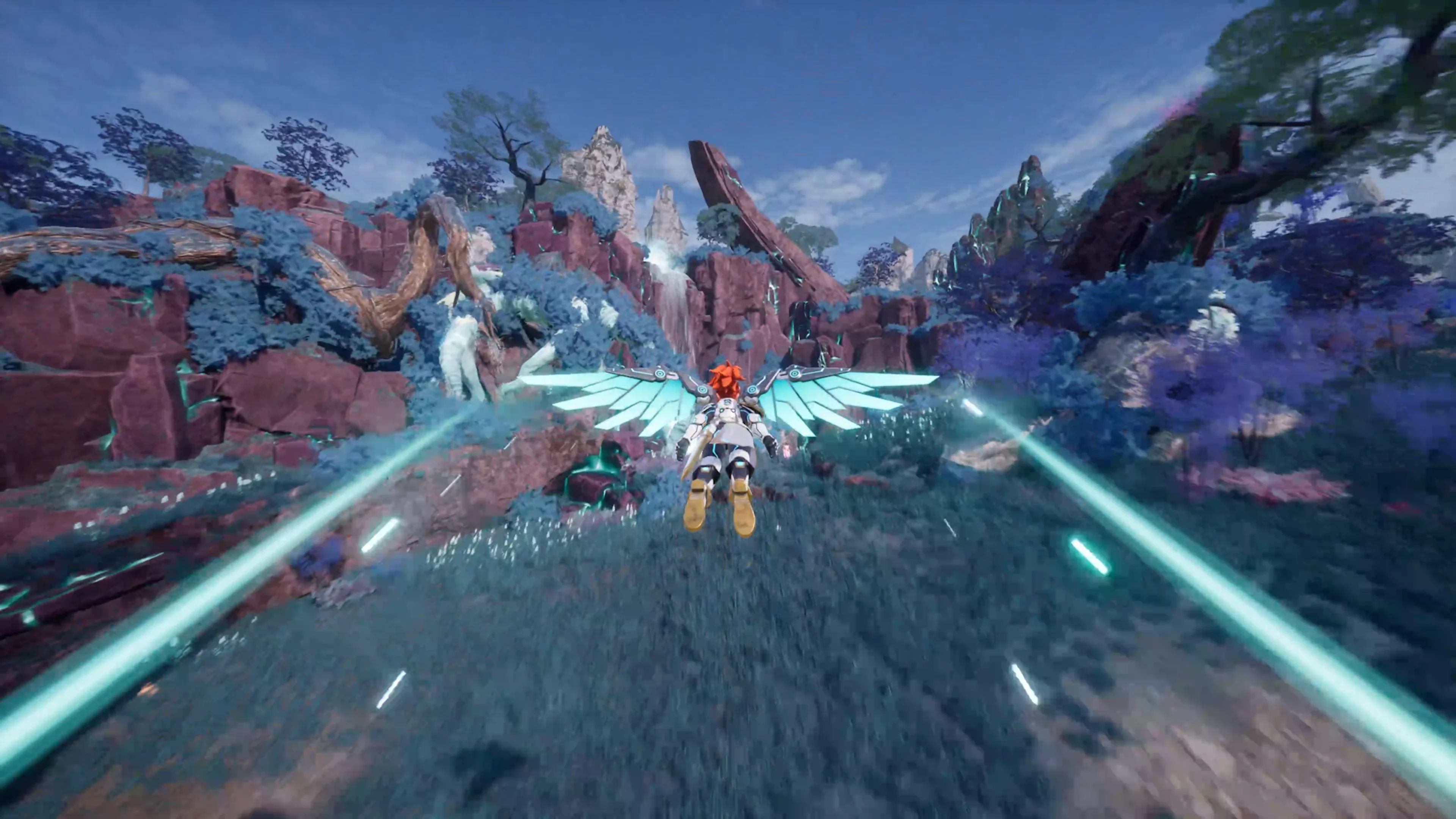 A Palworld player traveling through Sunreach on a flying Pal.