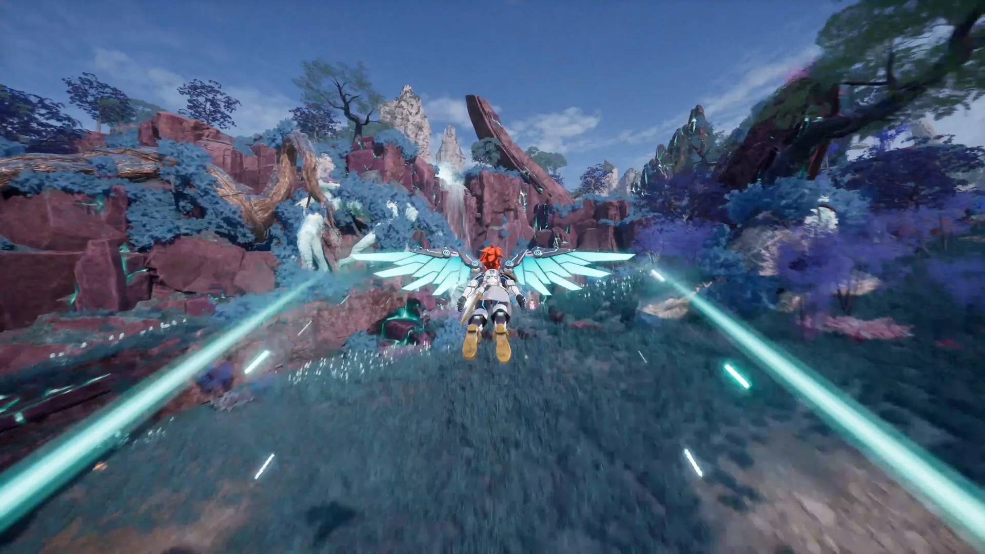 A Palworld player traveling through Sunreach on a flying Pal.