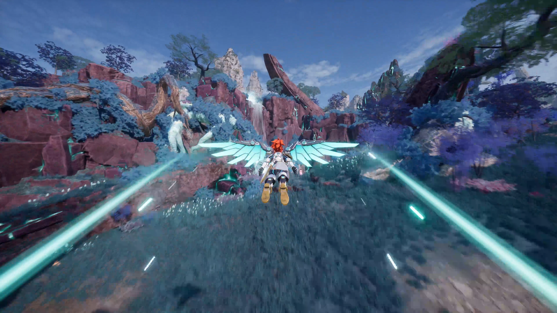 A Palworld player traveling through Sunreach on a flying Pal.