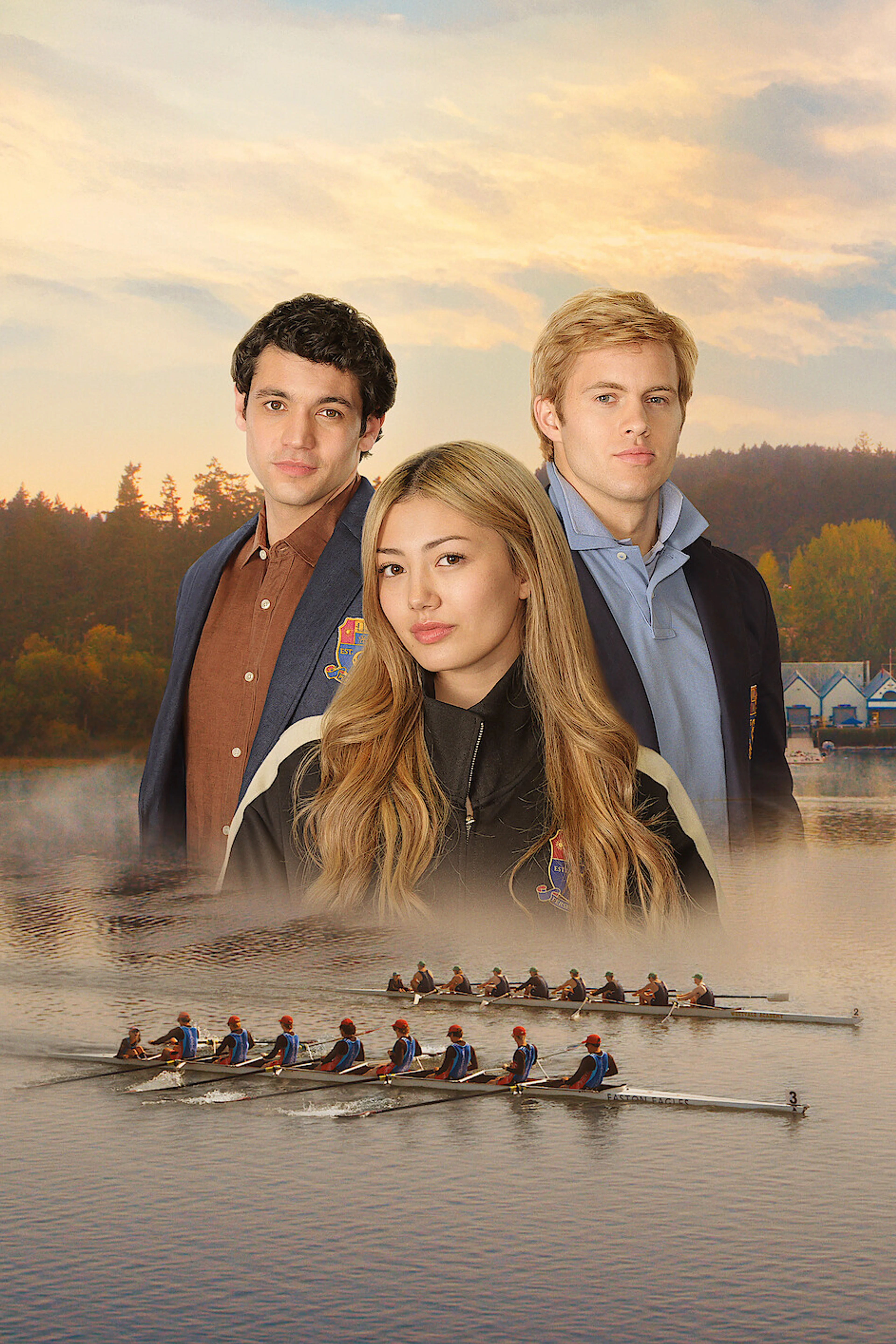 Teagan Tao stands between Cam Dillinger and Josh Regis above two rowing teams on a lake in Crew Girl artwork.