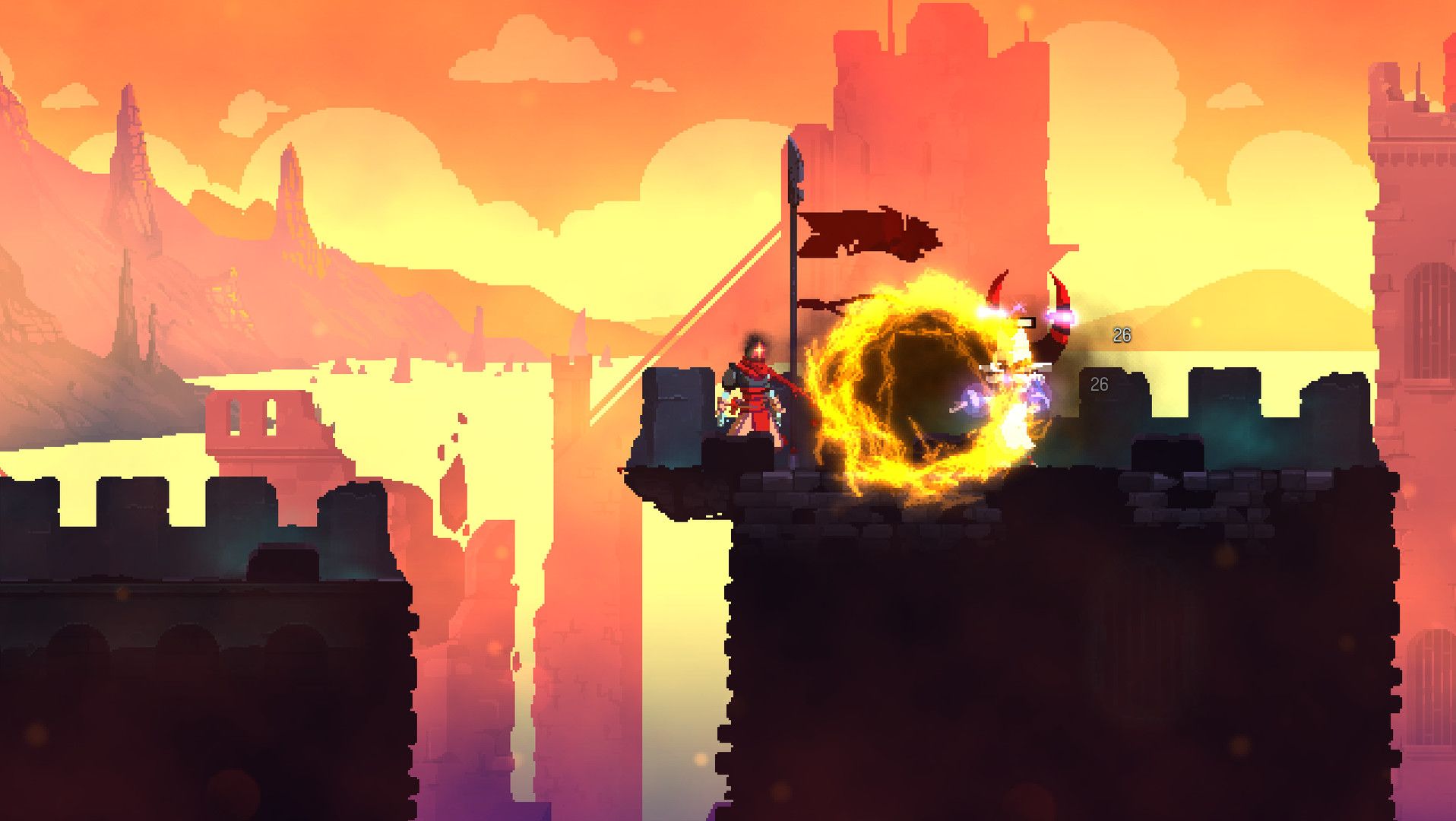 The hero stands on a castle wall by a glowing circular portal at sunset.