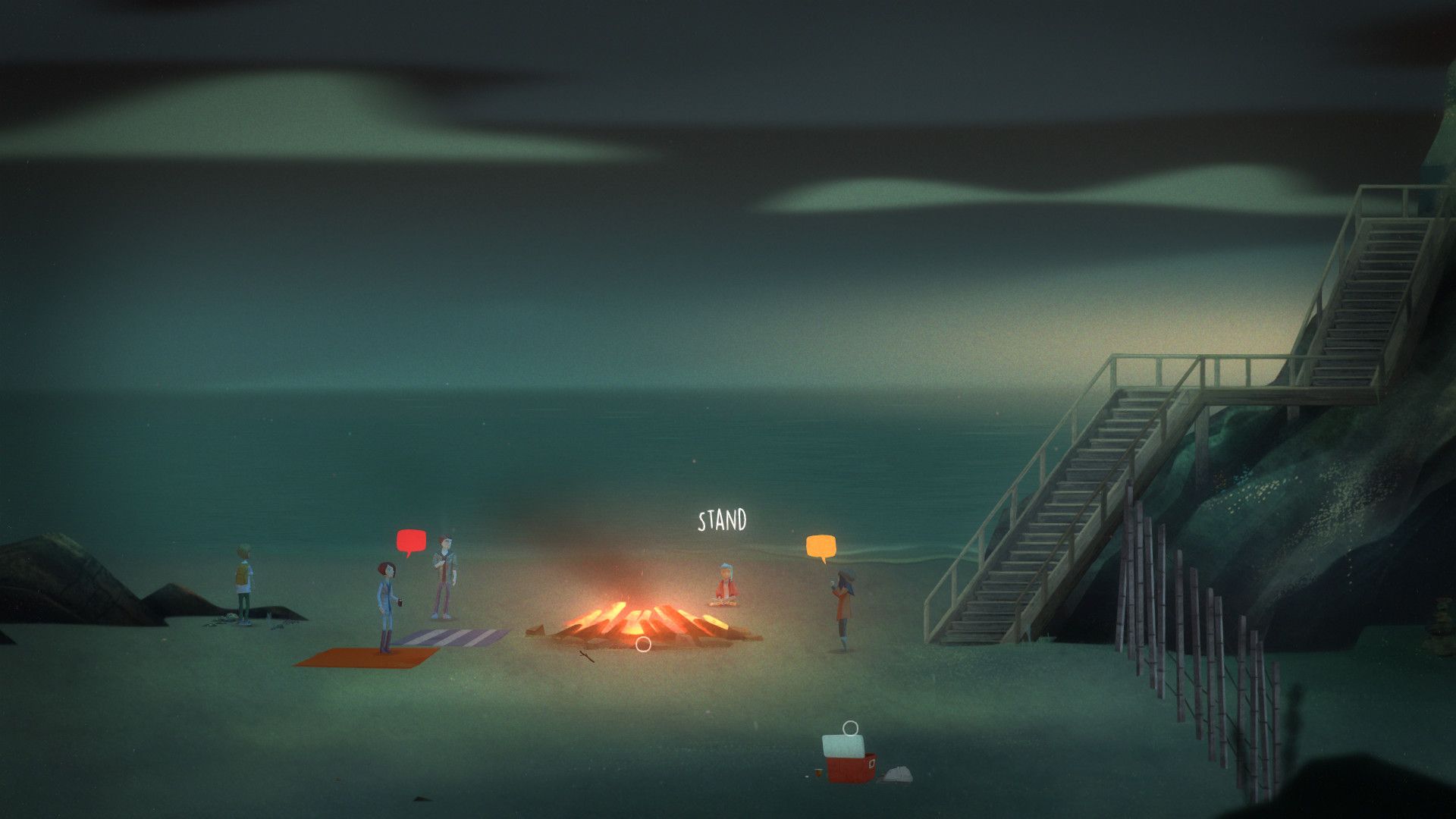 Friends gather beside a beach campfire on Edwards Island in Oxenfree.