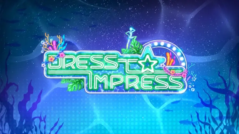Dress To Impress Style Showdown banner with a neon logo over an underwater runway background.