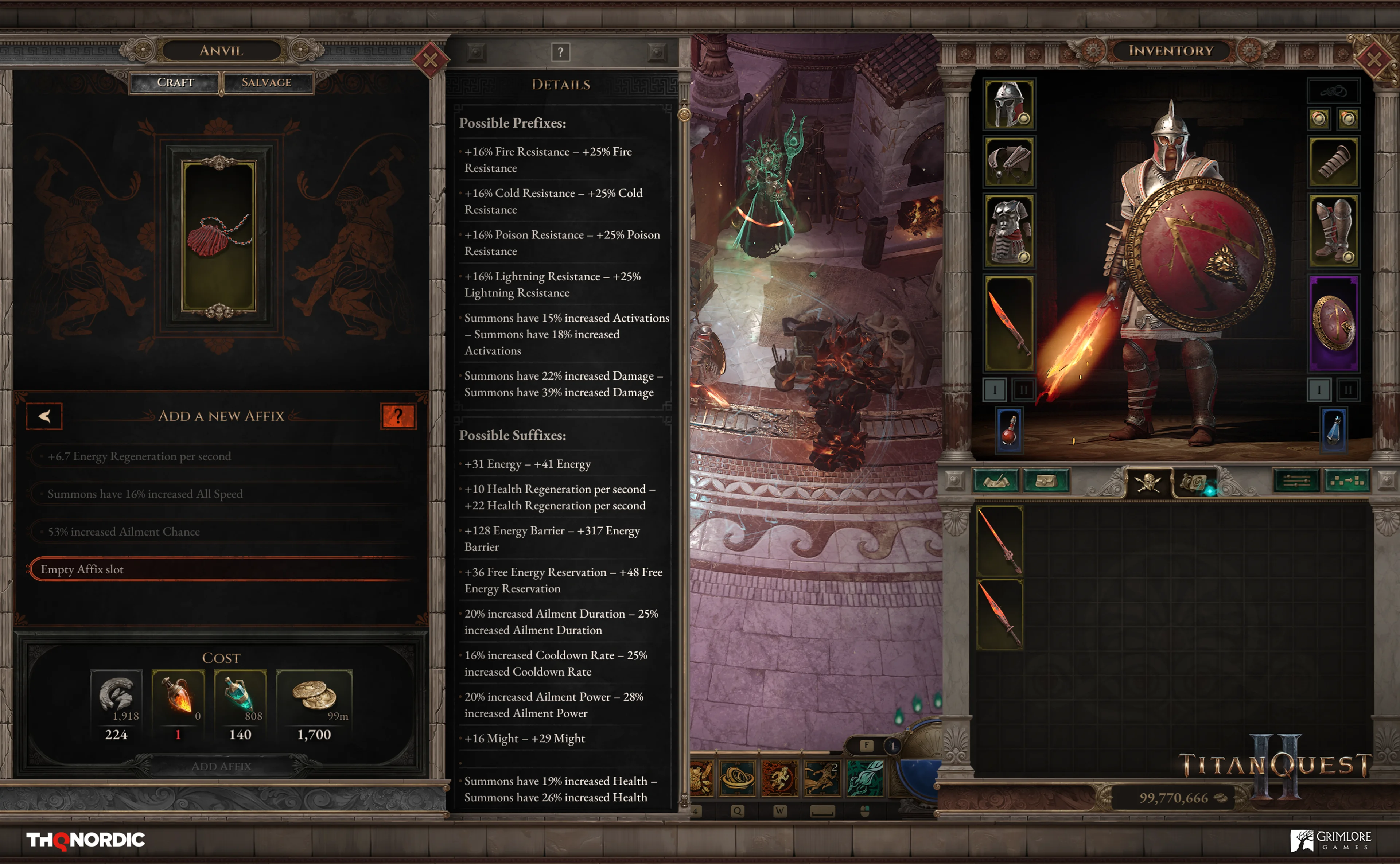 Titan Quest II crafting screen showing an open affix slot and possible additions.