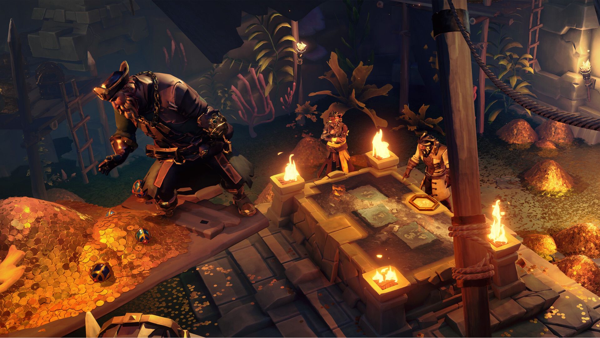 Pirates search piles of gold and treasure chests in a torchlit vault.