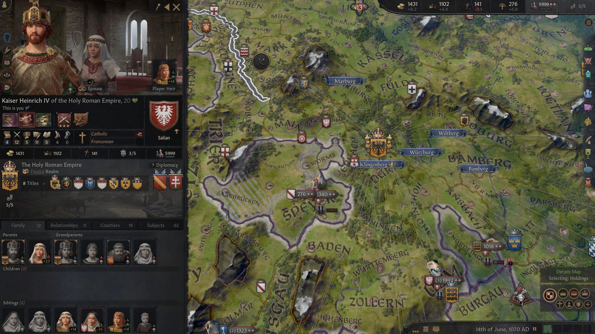 A selected ruler’s portrait and character information appear beside the realm map.