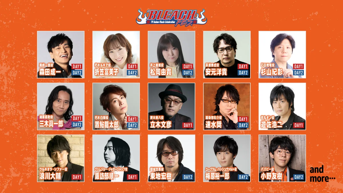 The announced BLEACH FES voice cast appears in an official two-day lineup graphic.