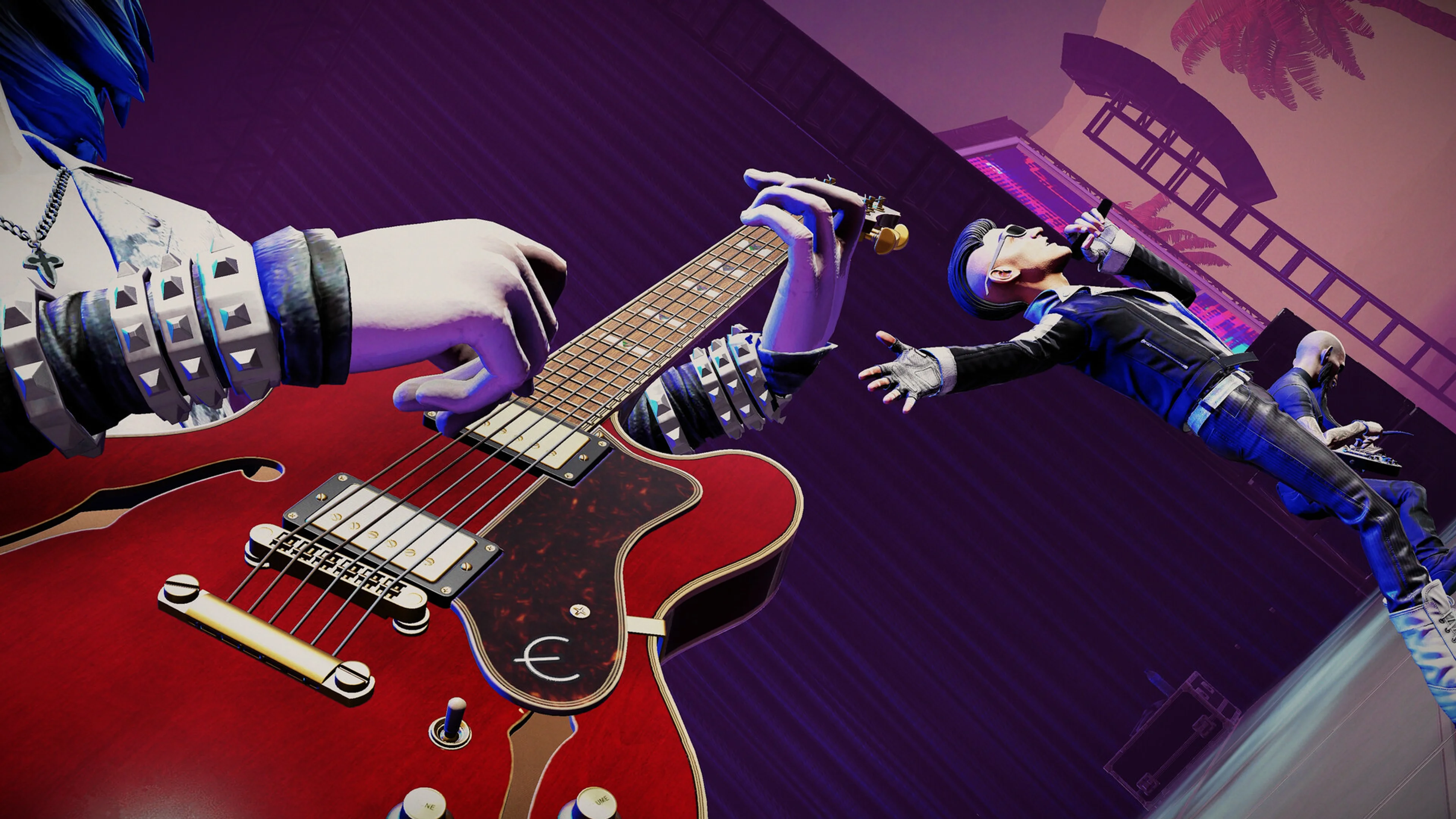 A Stage Tour guitarist plays a red electric guitar during a bright, colorful in-game performance.
