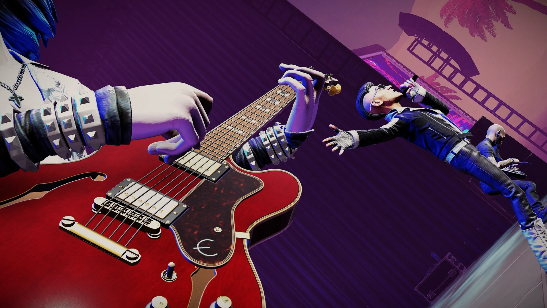 A Stage Tour guitarist plays a red electric guitar during a bright, colorful in-game performance.