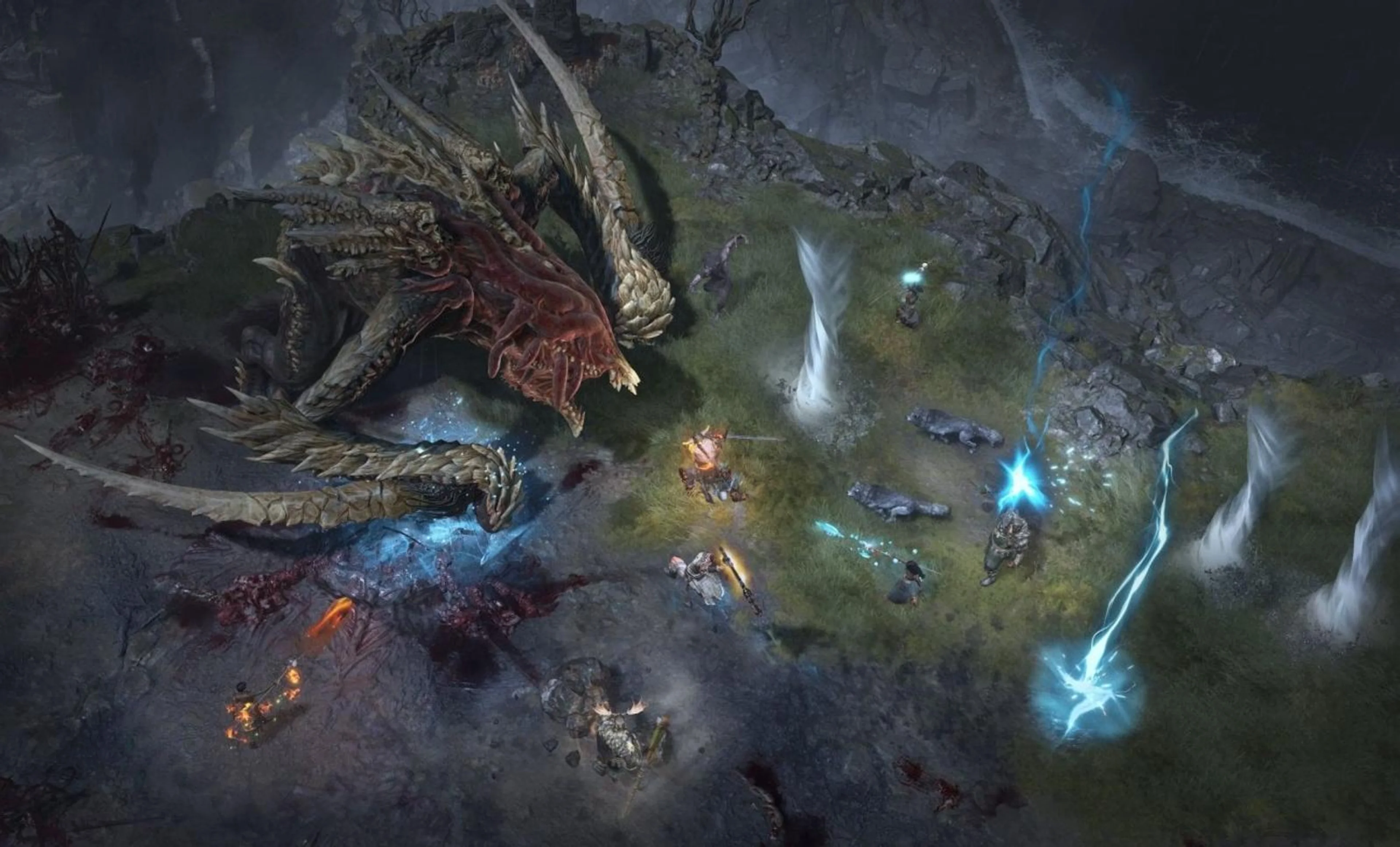 A Diablo IV gameplay scene shows players fighting a large monster in a dark fantasy environment.