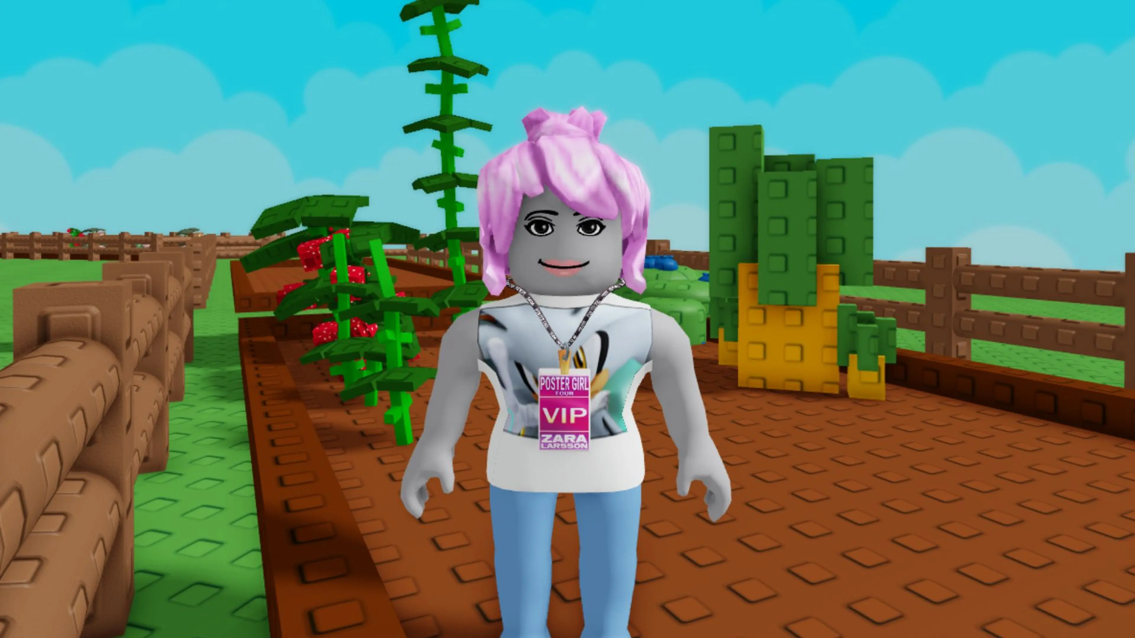 A Grow a Garden 2 player standing in a plot with mature crops behind them.