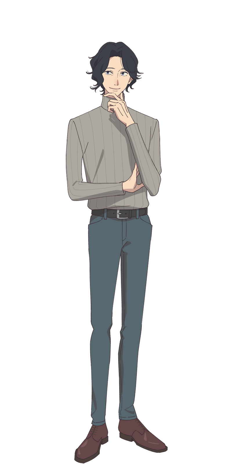 MM wears a gray top, dark trousers and brown shoes in BLESS character art.