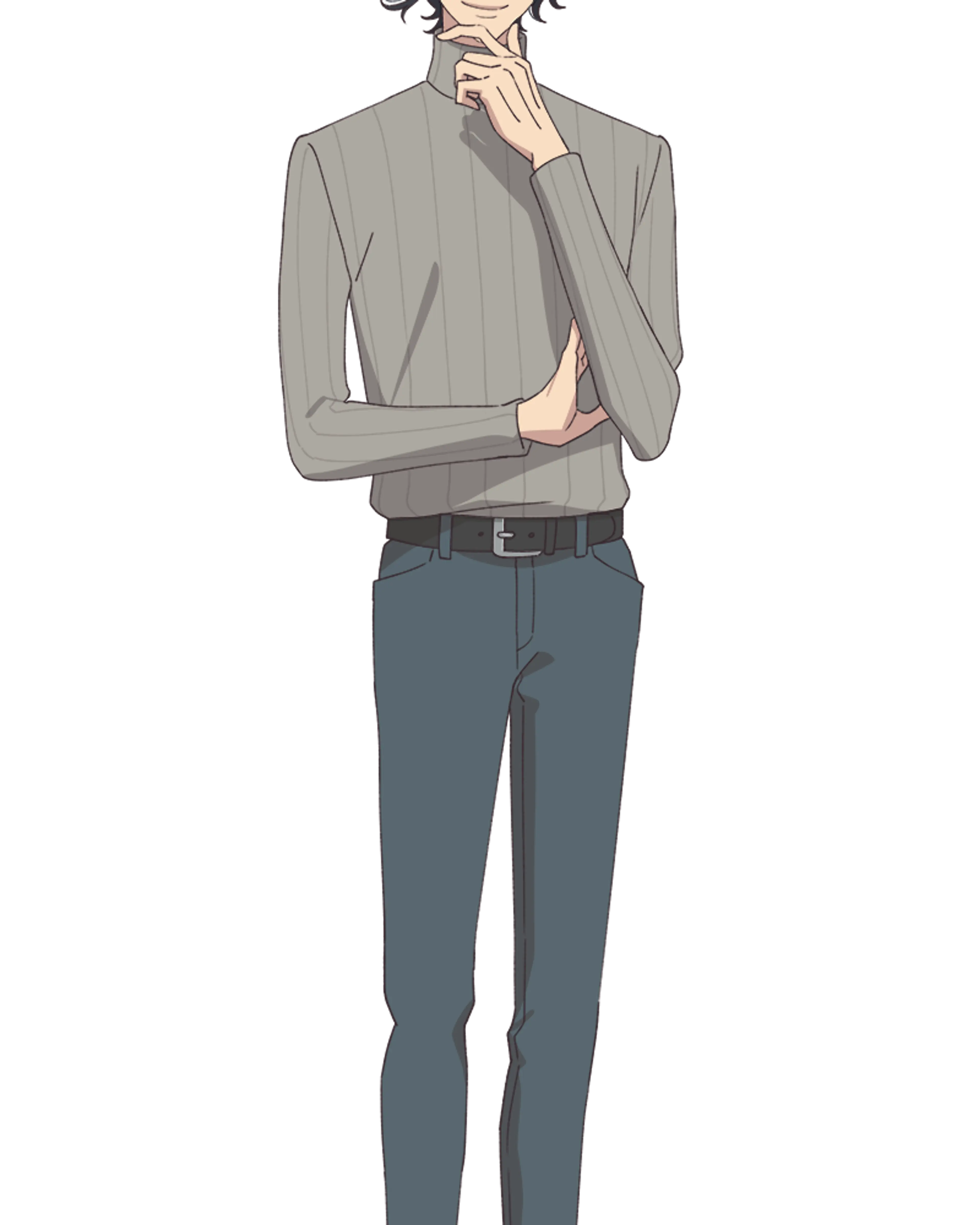MM wears a gray top, dark trousers and brown shoes in BLESS character art.