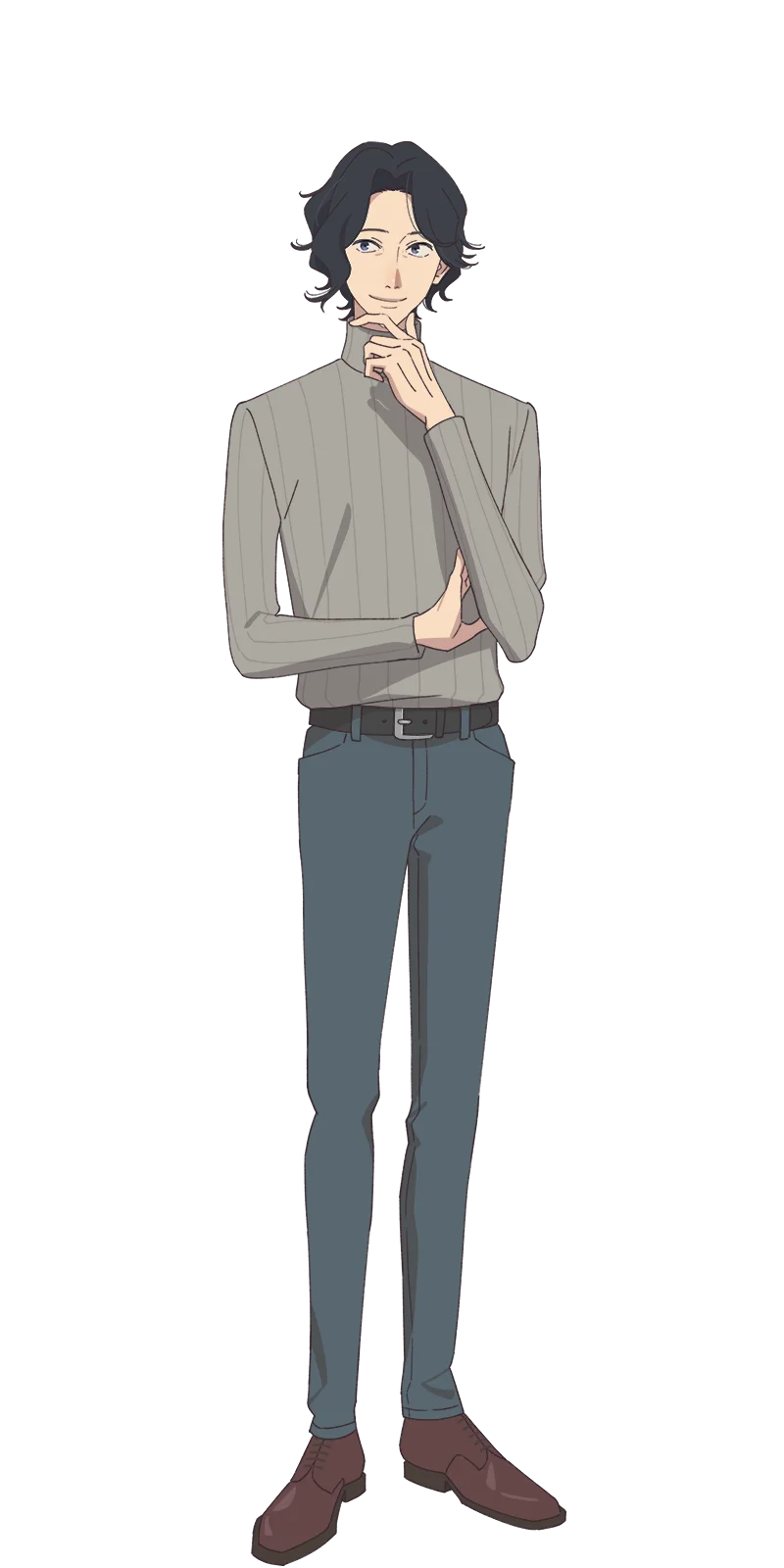 MM wears a gray top, dark trousers and brown shoes in BLESS character art.