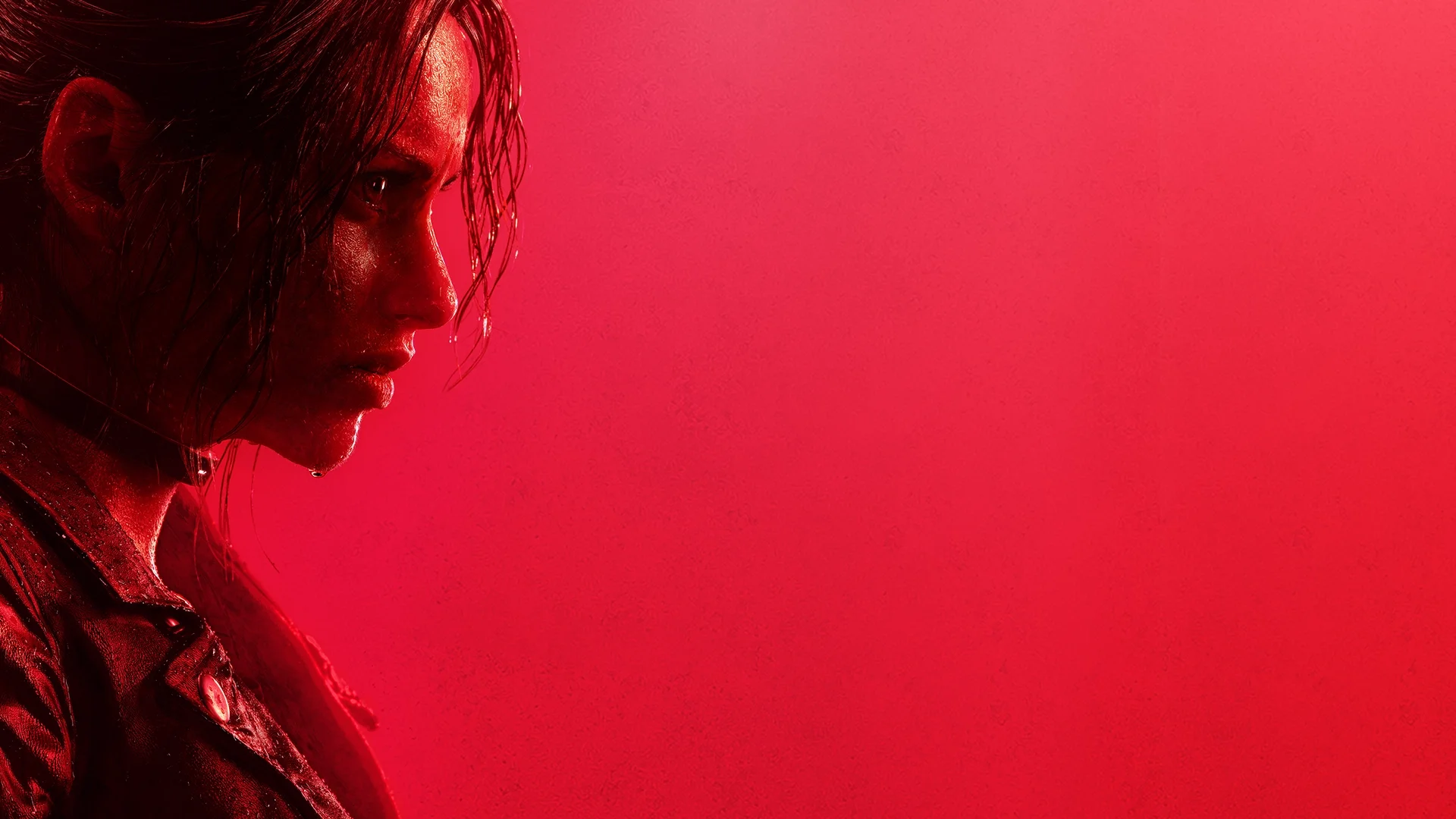Claire Redfield appears in profile against a bright red background in Resident Evil Veronica.