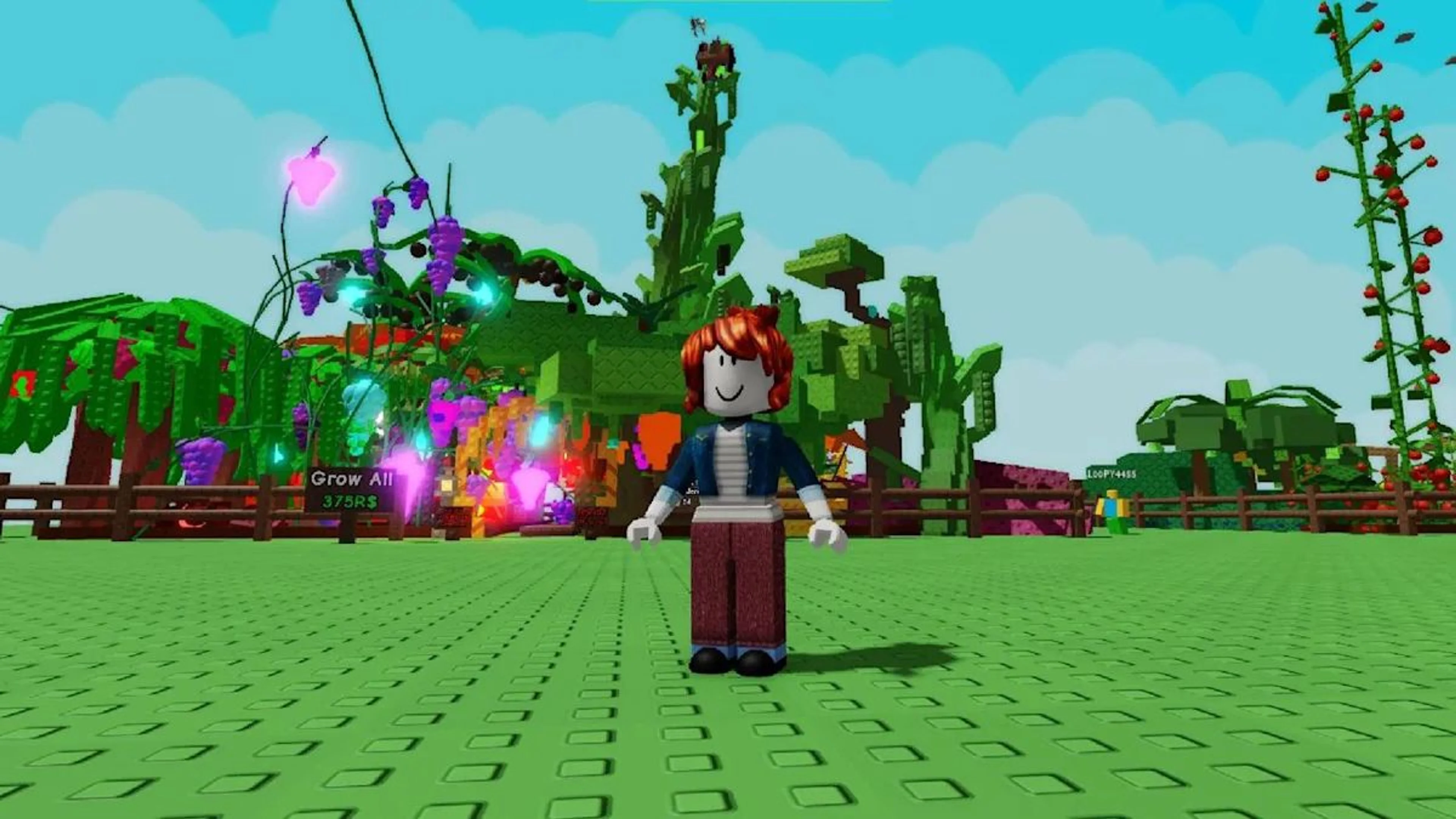 A player standing in front of a developed Grow a Garden 2 plot filled with large crops.