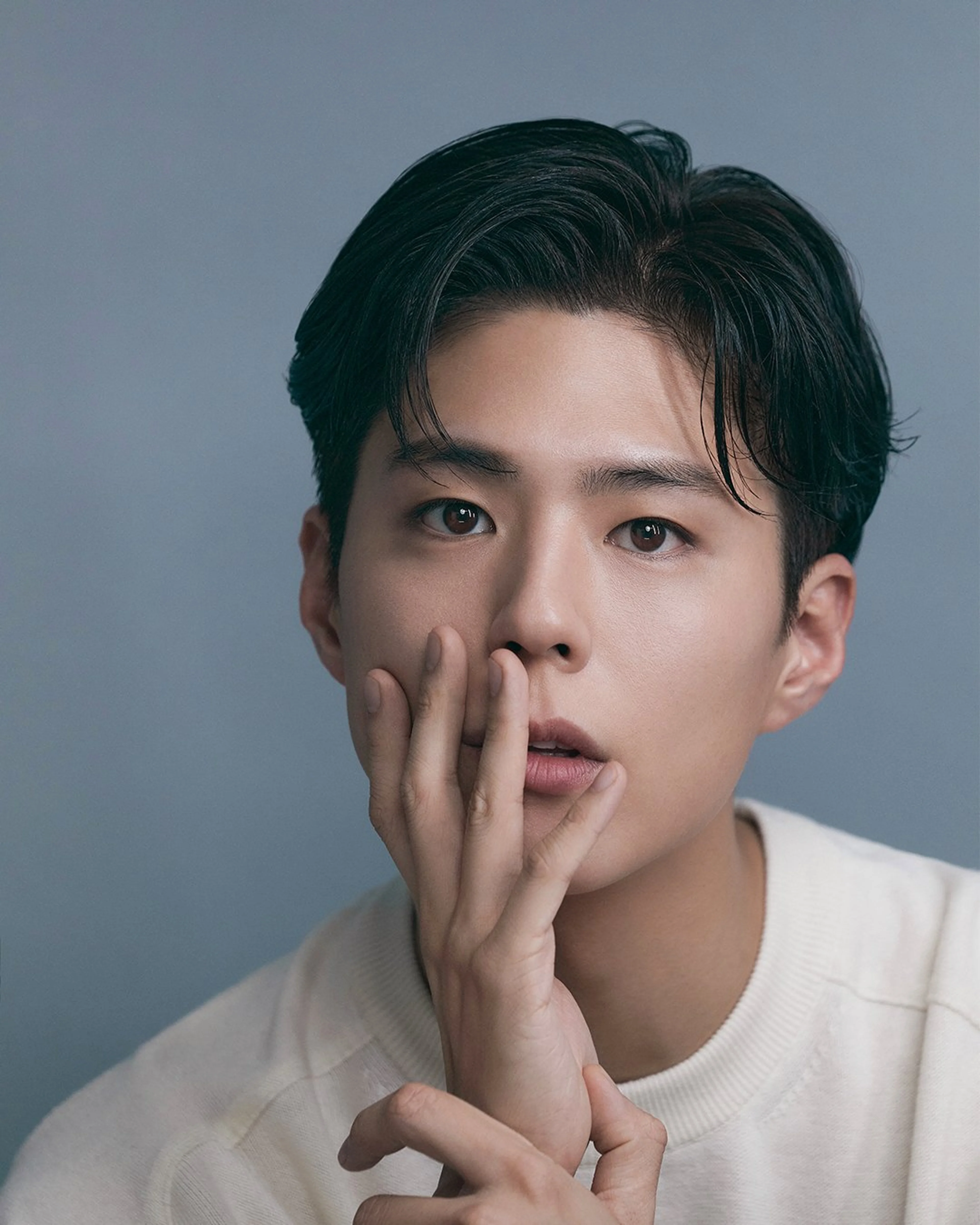 Park Bo-gum in a THEBLACKLABEL profile portrait.