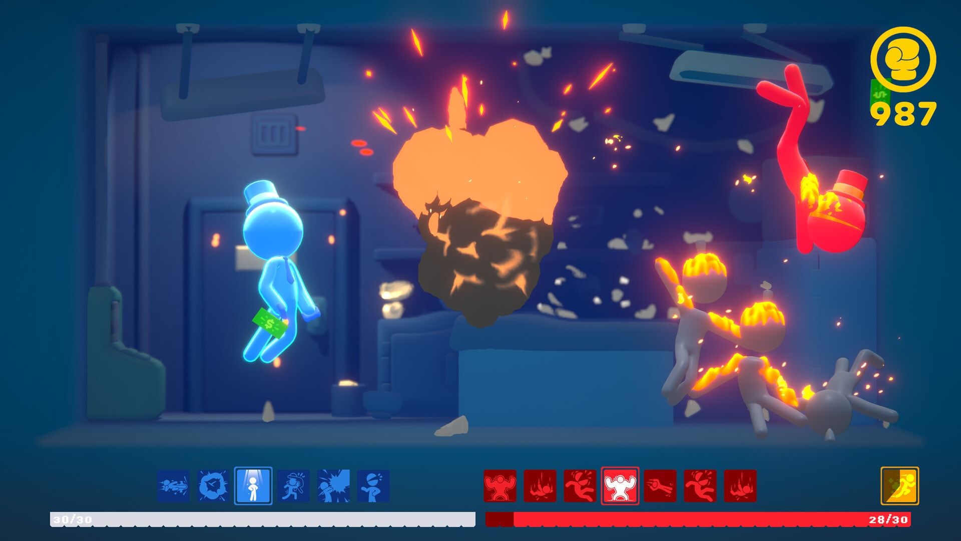 A blue fighter dodges enemies during a bright explosion.