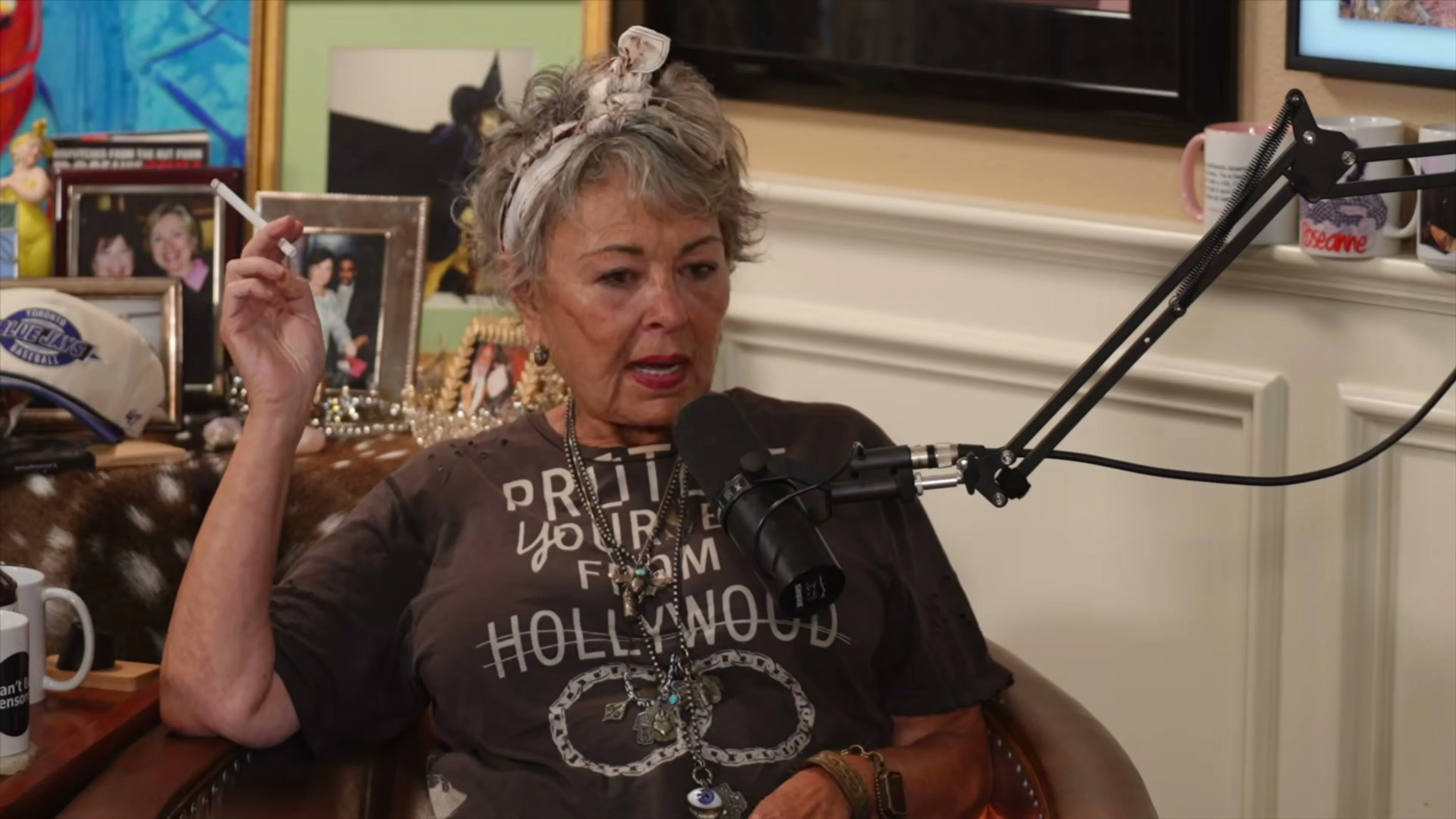 Roseanne Barr speaks into a microphone during the Can’t Be Censored interview.