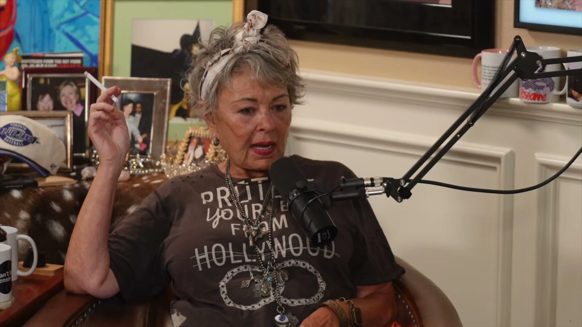 Roseanne Barr speaks into a microphone during the Can’t Be Censored interview.