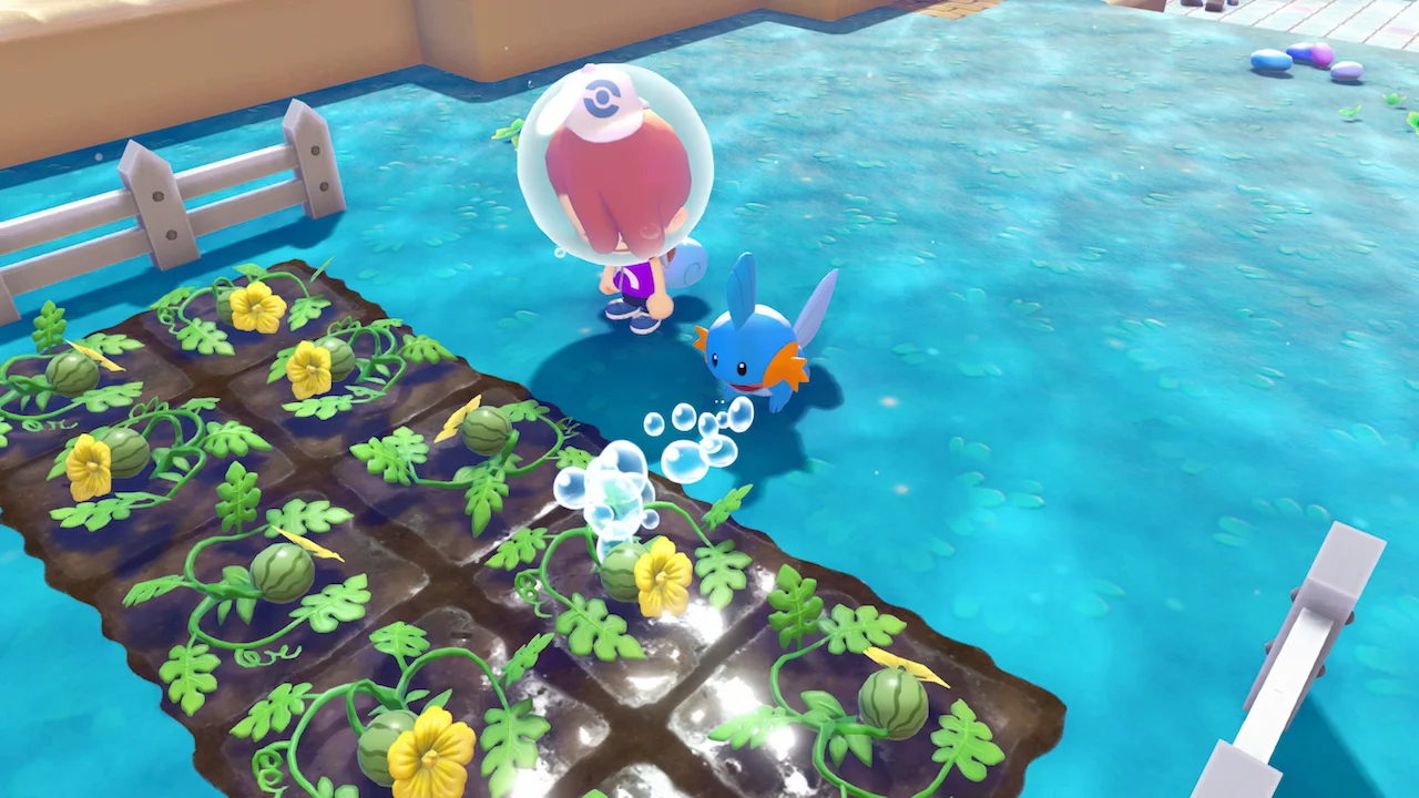 Mudkip helping Ditto grow watermelons in an underwater crop field