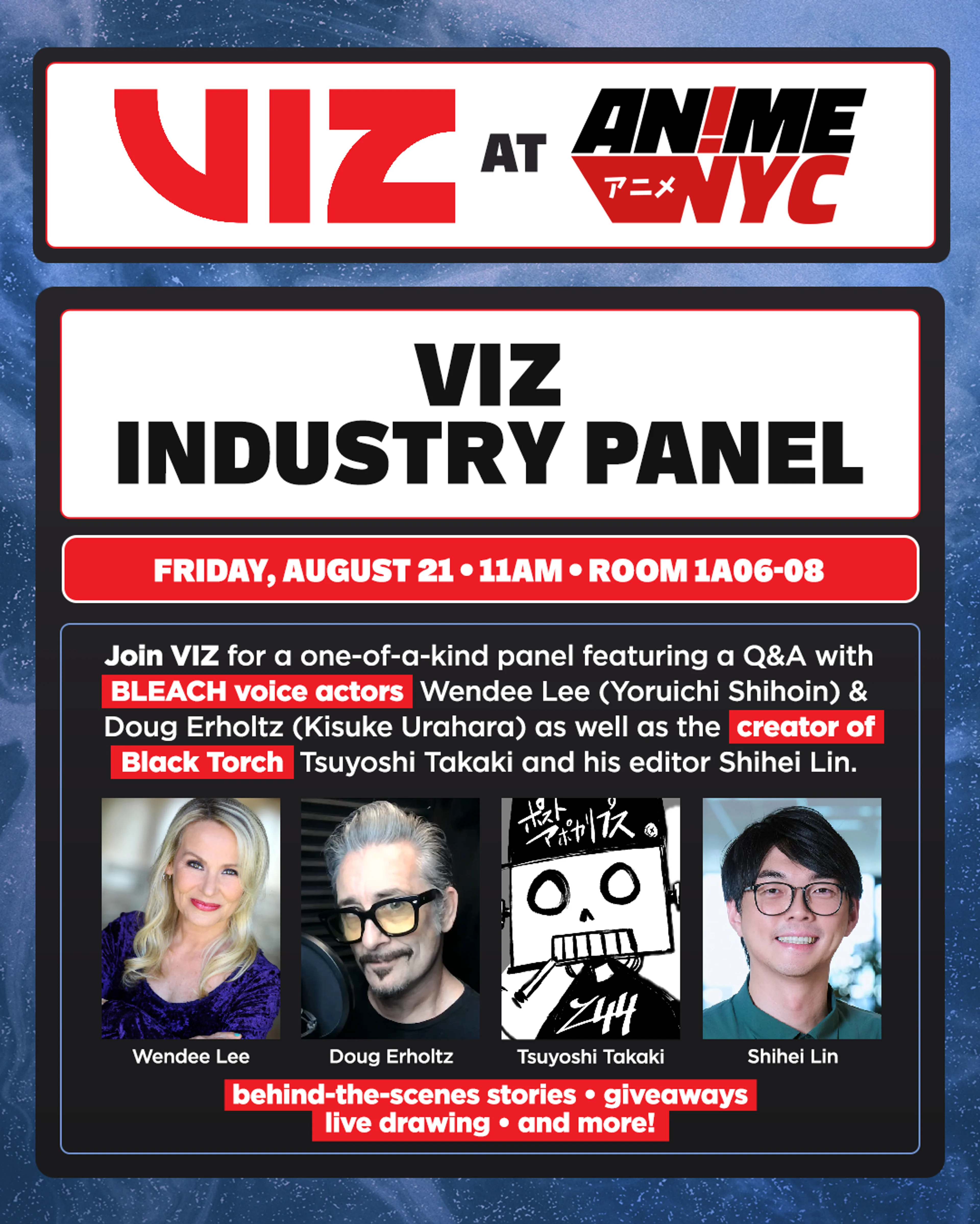 The VIZ Industry Panel graphic lists the Friday Anime NYC 2026 panel and its guests.