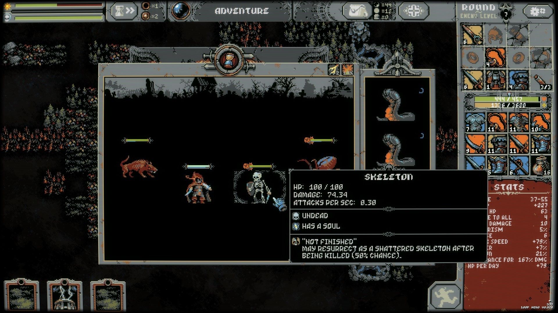 An equipment comparison opens over a Loop Hero battle screen.