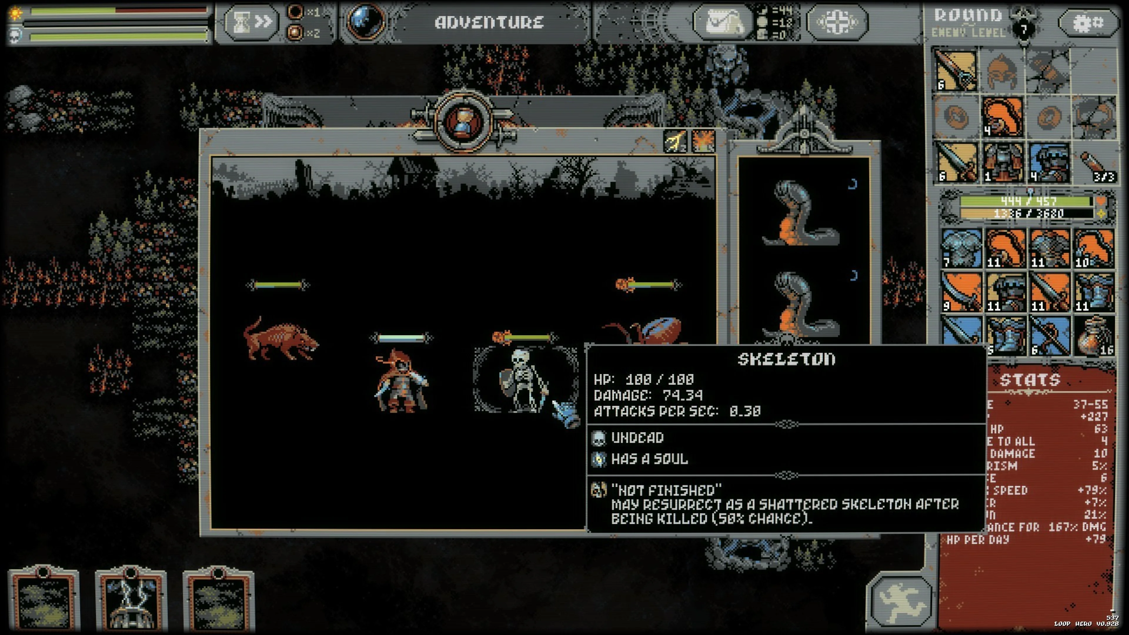 Loop Hero combat screen with the hero and enemies in the middle and equipment grid at the upper-right.