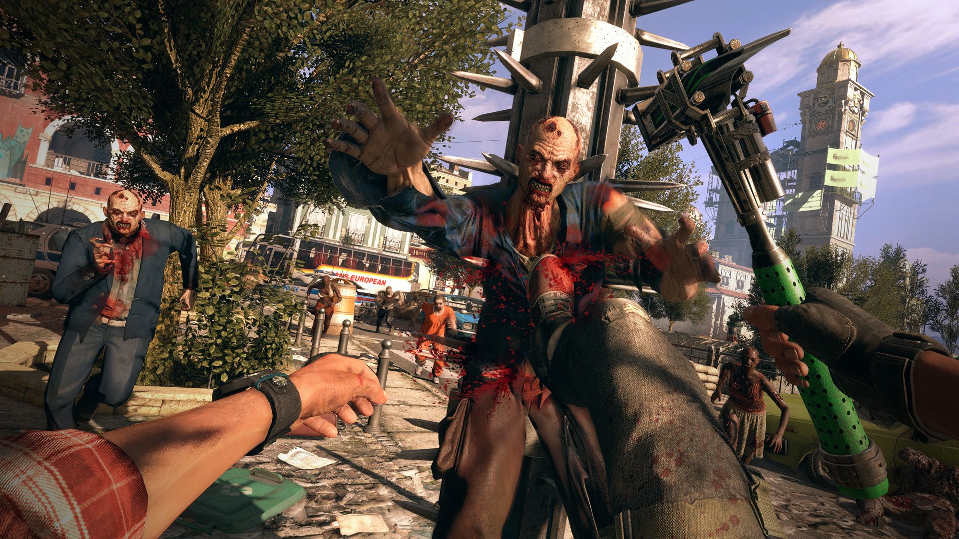 A survivor faces armed people and infected in a sunlit street while holding a weapon.