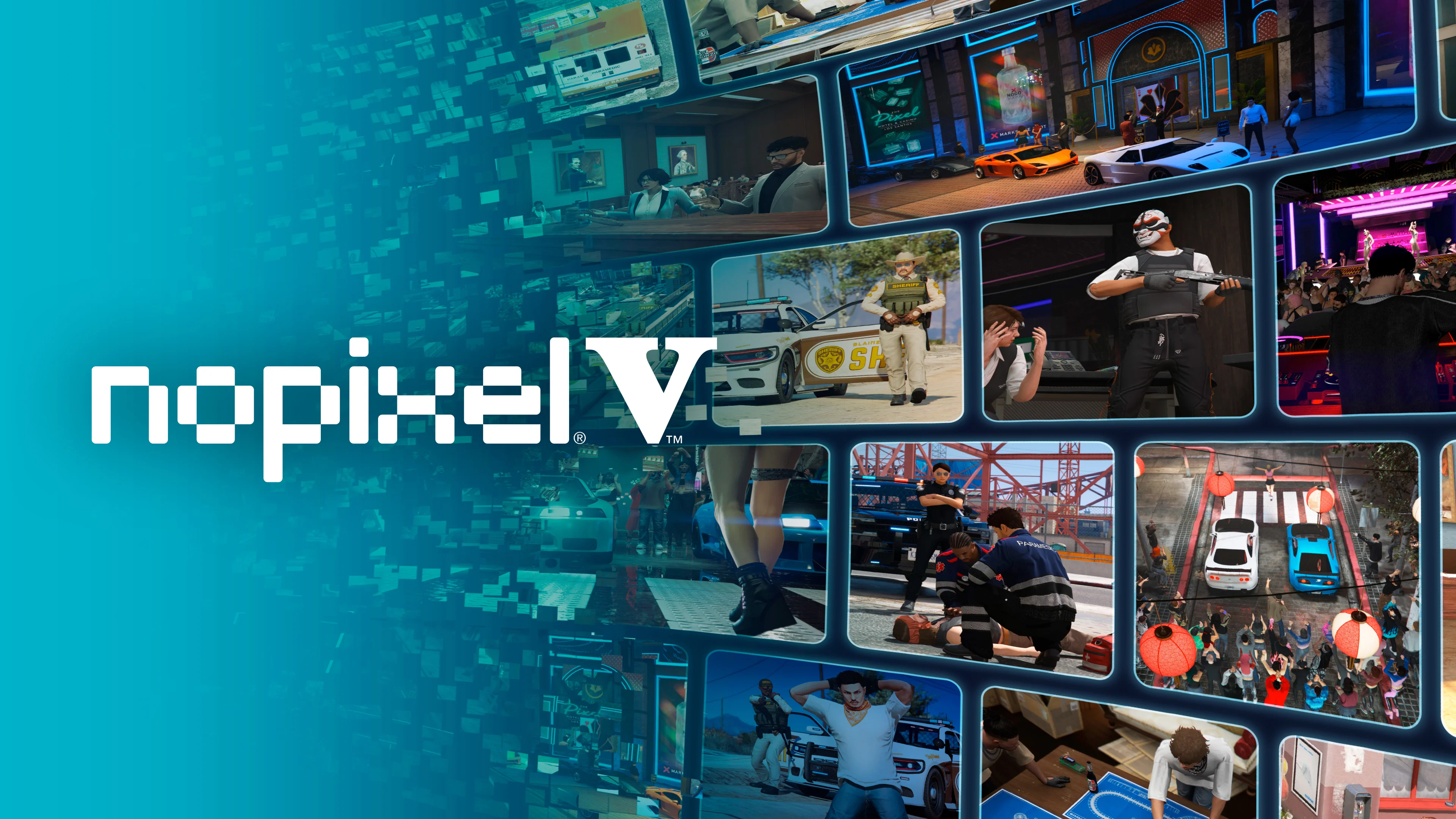 The NoPixel V logo sits beside a collage of roleplay scenes including police, a casino, a concert, and medical care.