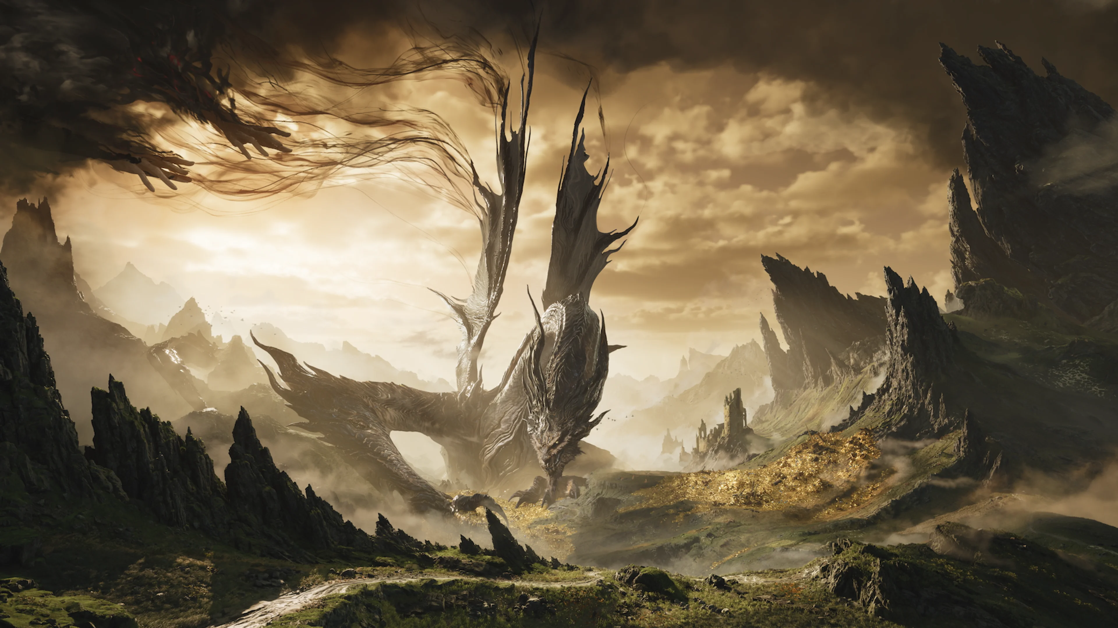 A dragon-like creature crosses the open mythological landscape of Nodusfall