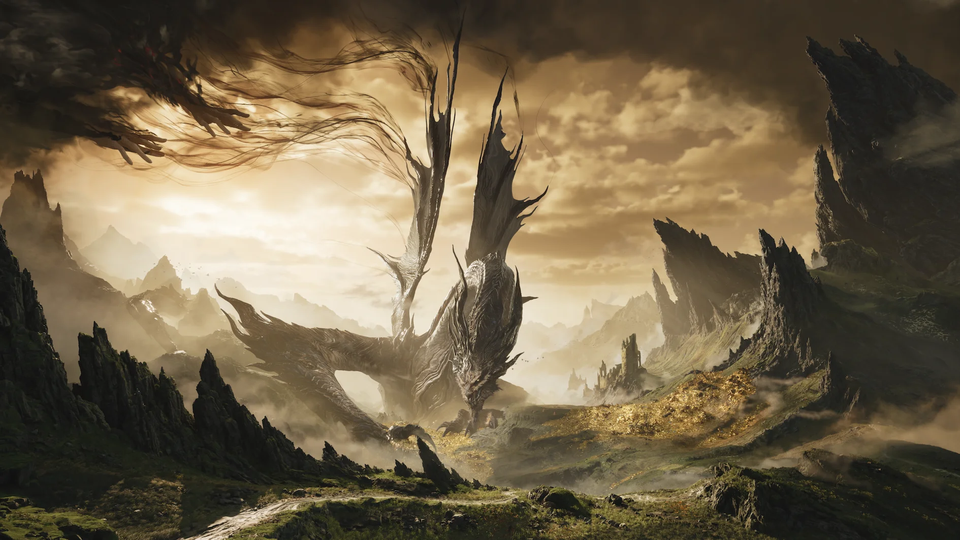 A dragon-like creature crosses the open mythological landscape of Nodusfall