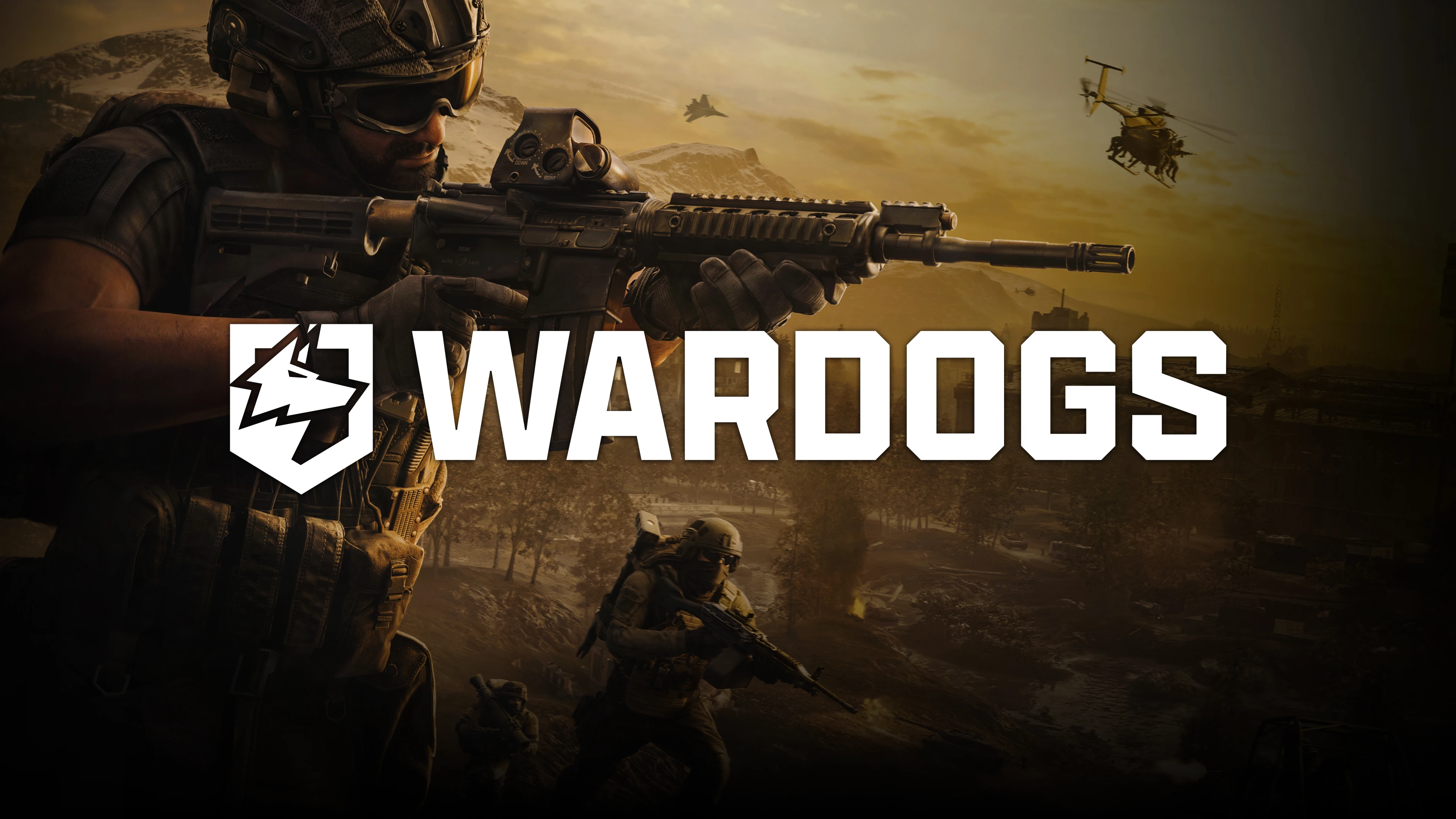 Official WARDOGS key art featuring the game logo, an armed soldier, and a helicopter above a mountainous battlefield.