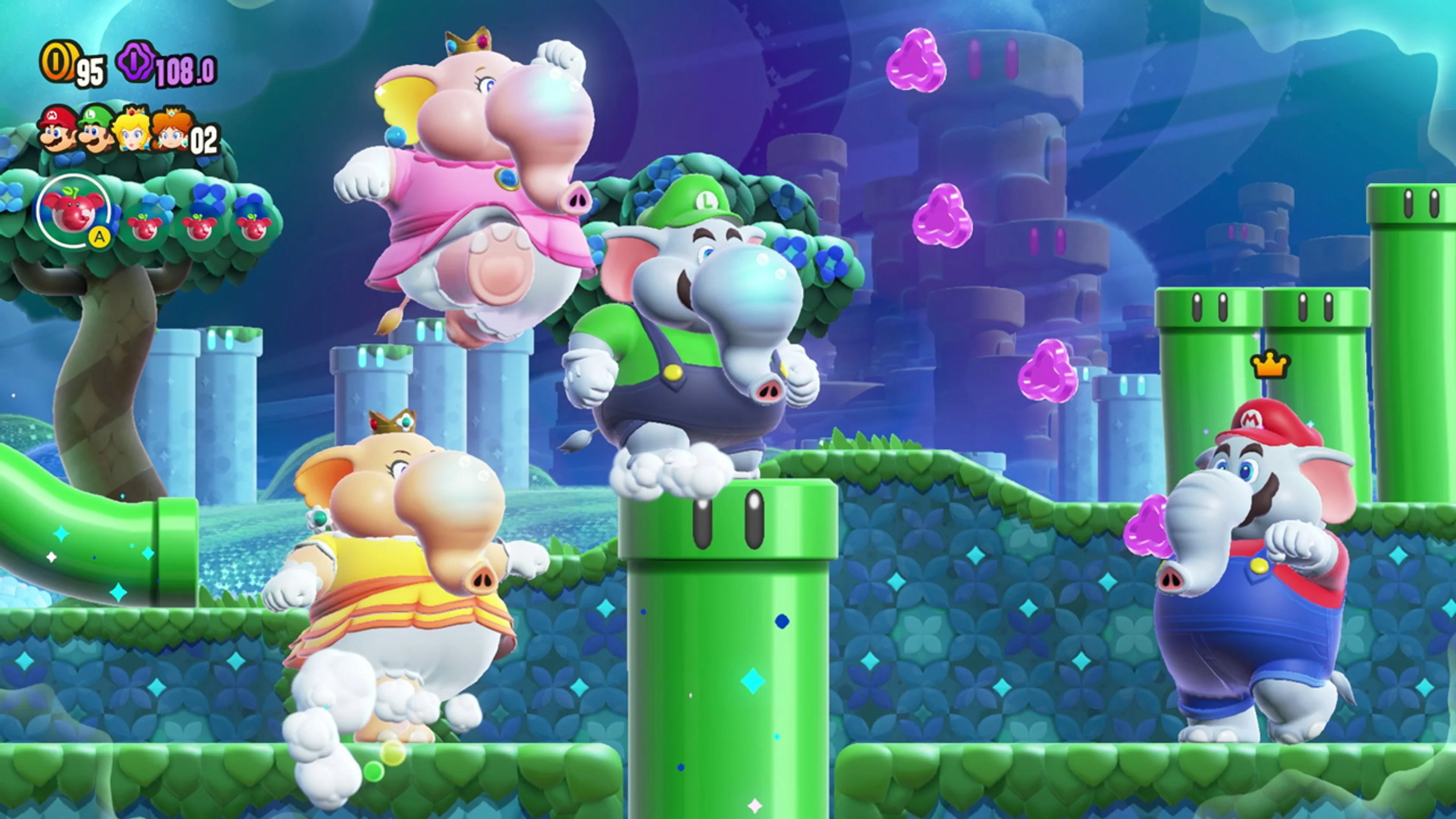 Mario characters travel over green pipes in a Super Mario Bros. Wonder level.