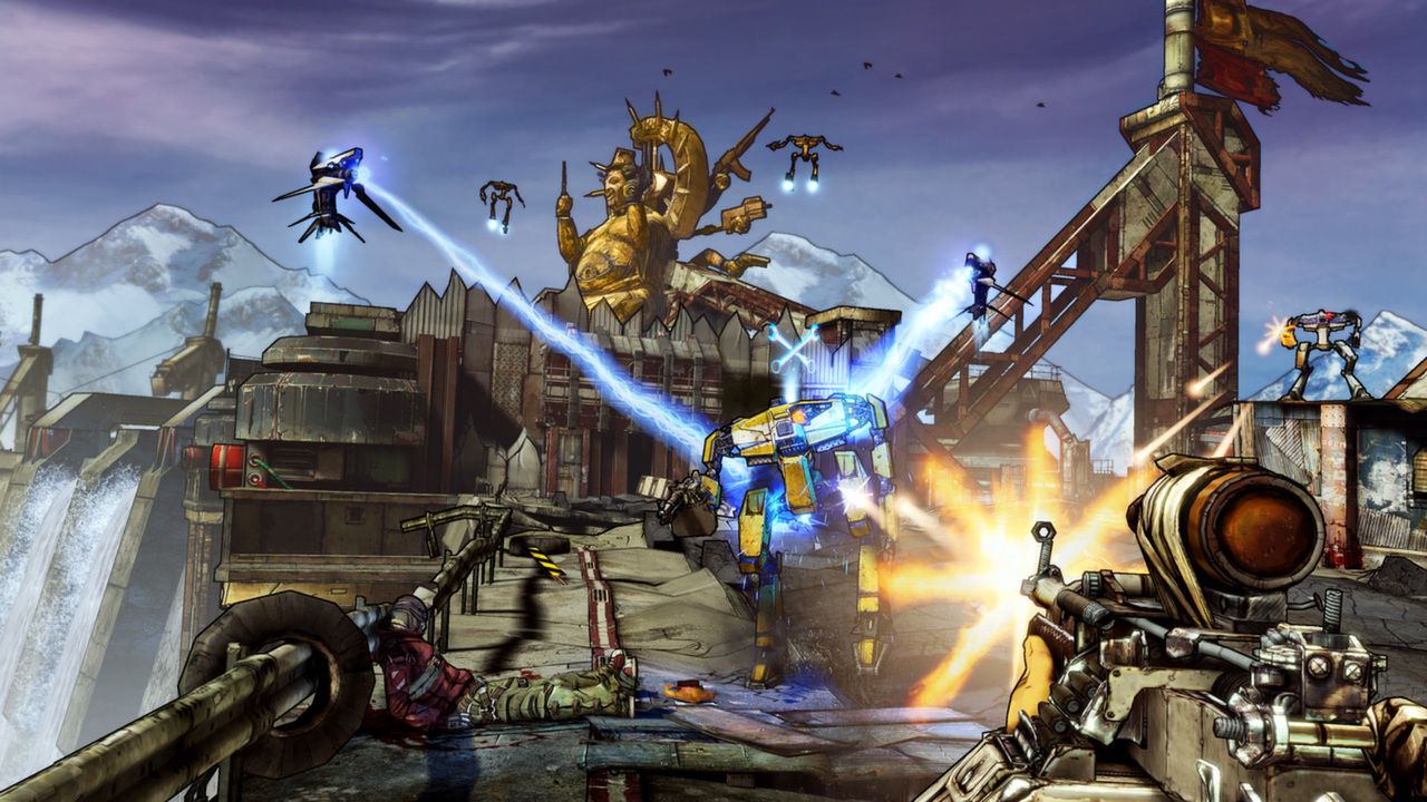 A first-person gunfight with Hyperion robots in an industrial part of Pandora.