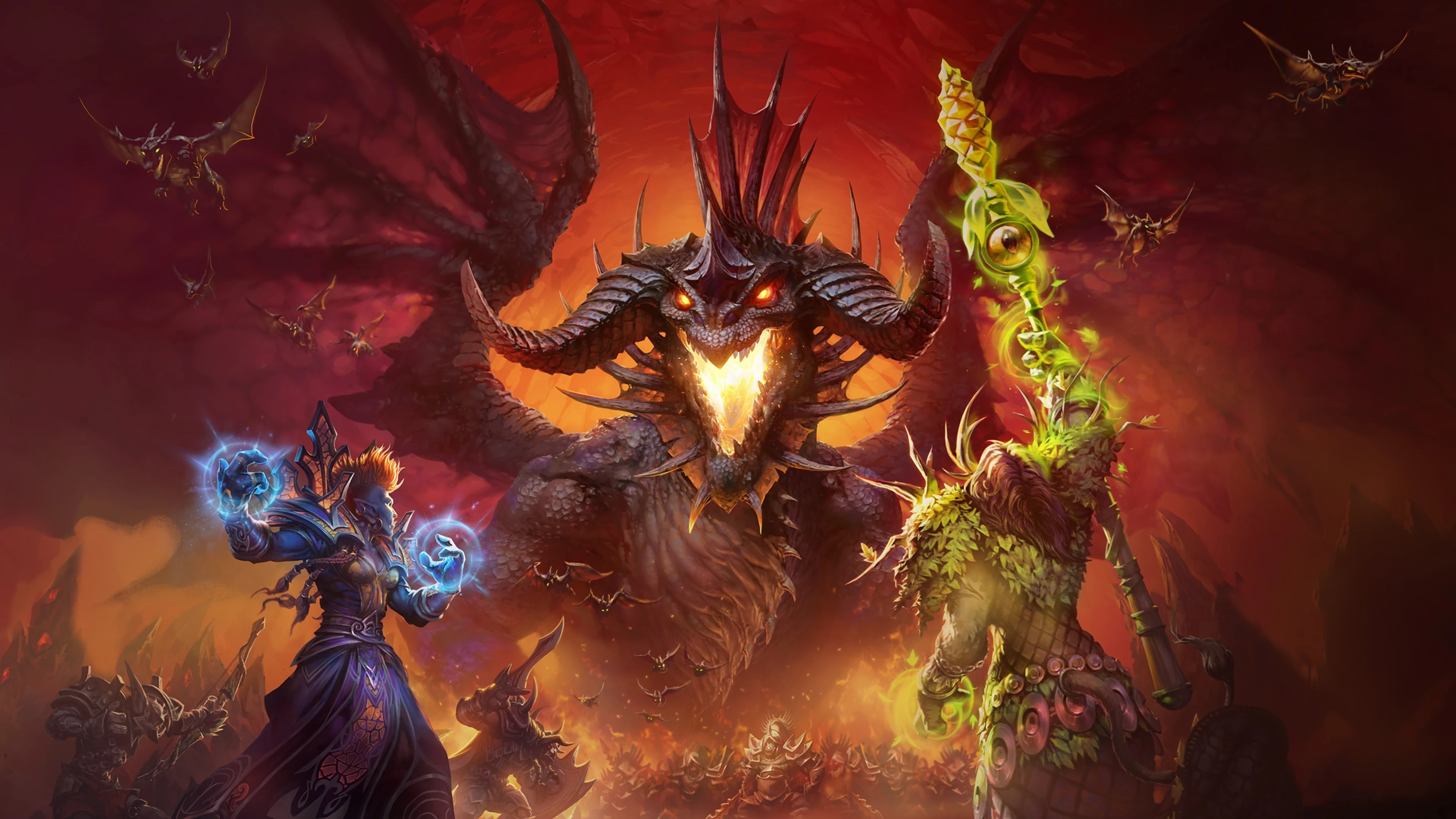 Official World of Warcraft Classic launch artwork featuring adventurers facing a dragon.