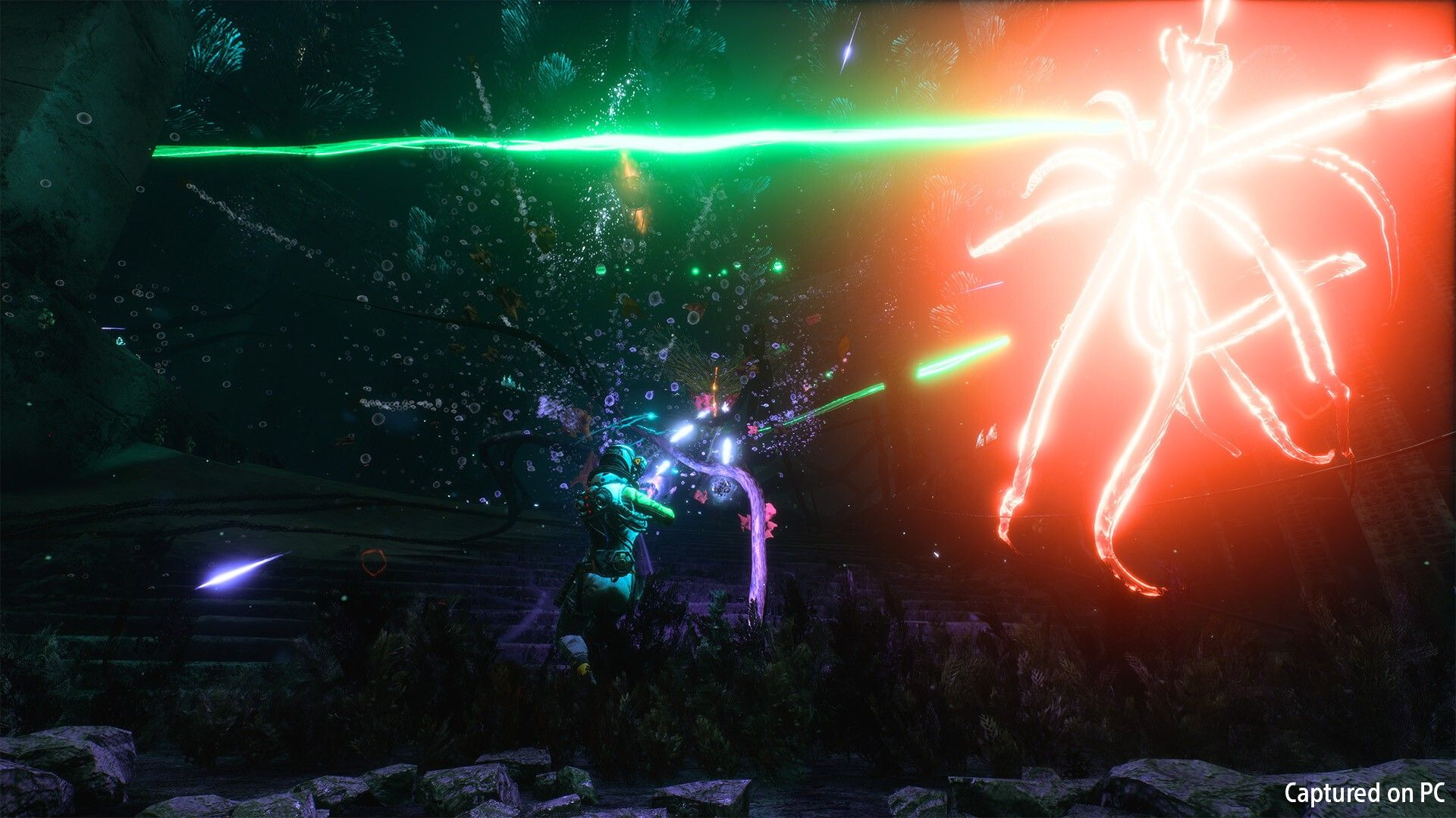 Selene faces a luminous alien attack in a dark Returnal arena.