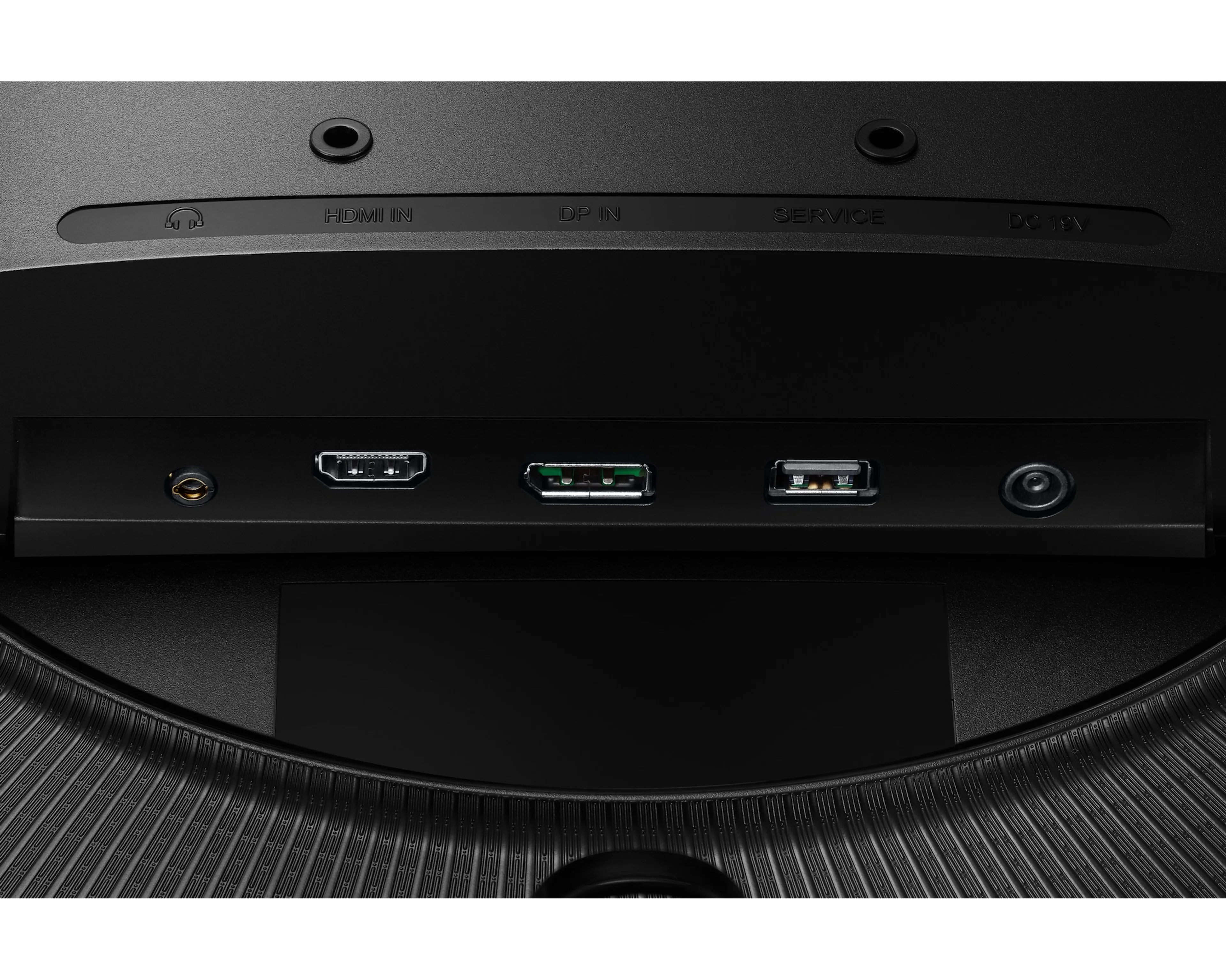 Close-up of the G55C headphone, HDMI, DisplayPort, service and power connections