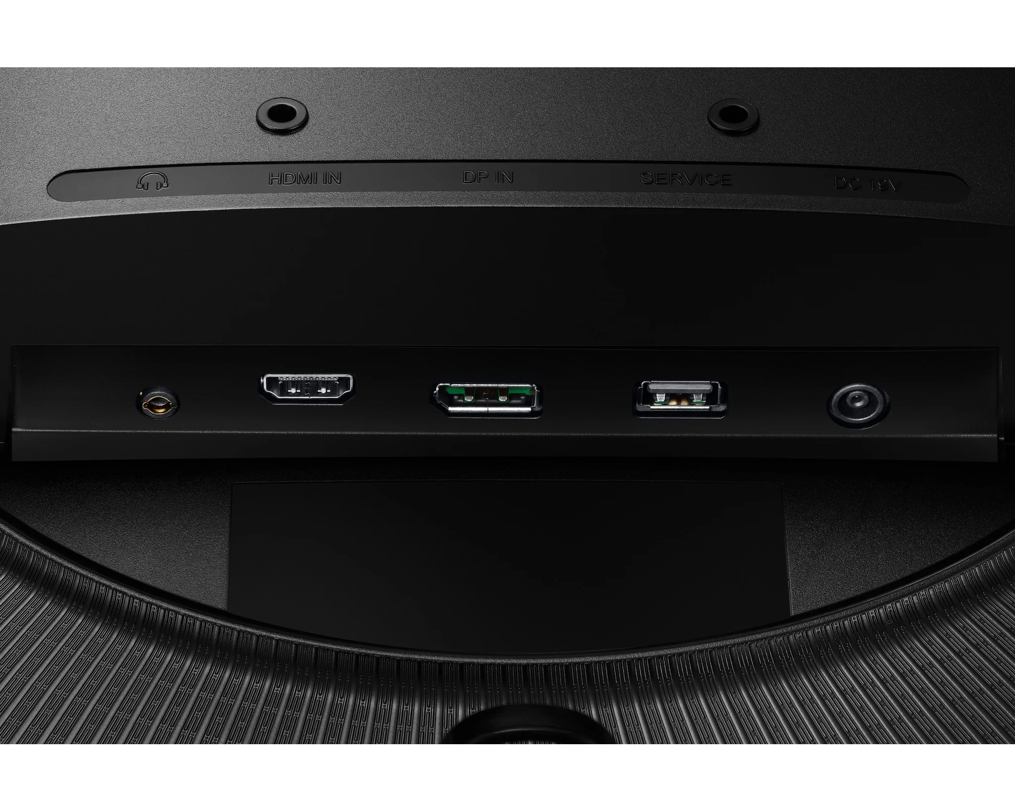Close-up of the G55C headphone, HDMI, DisplayPort, service and power connections