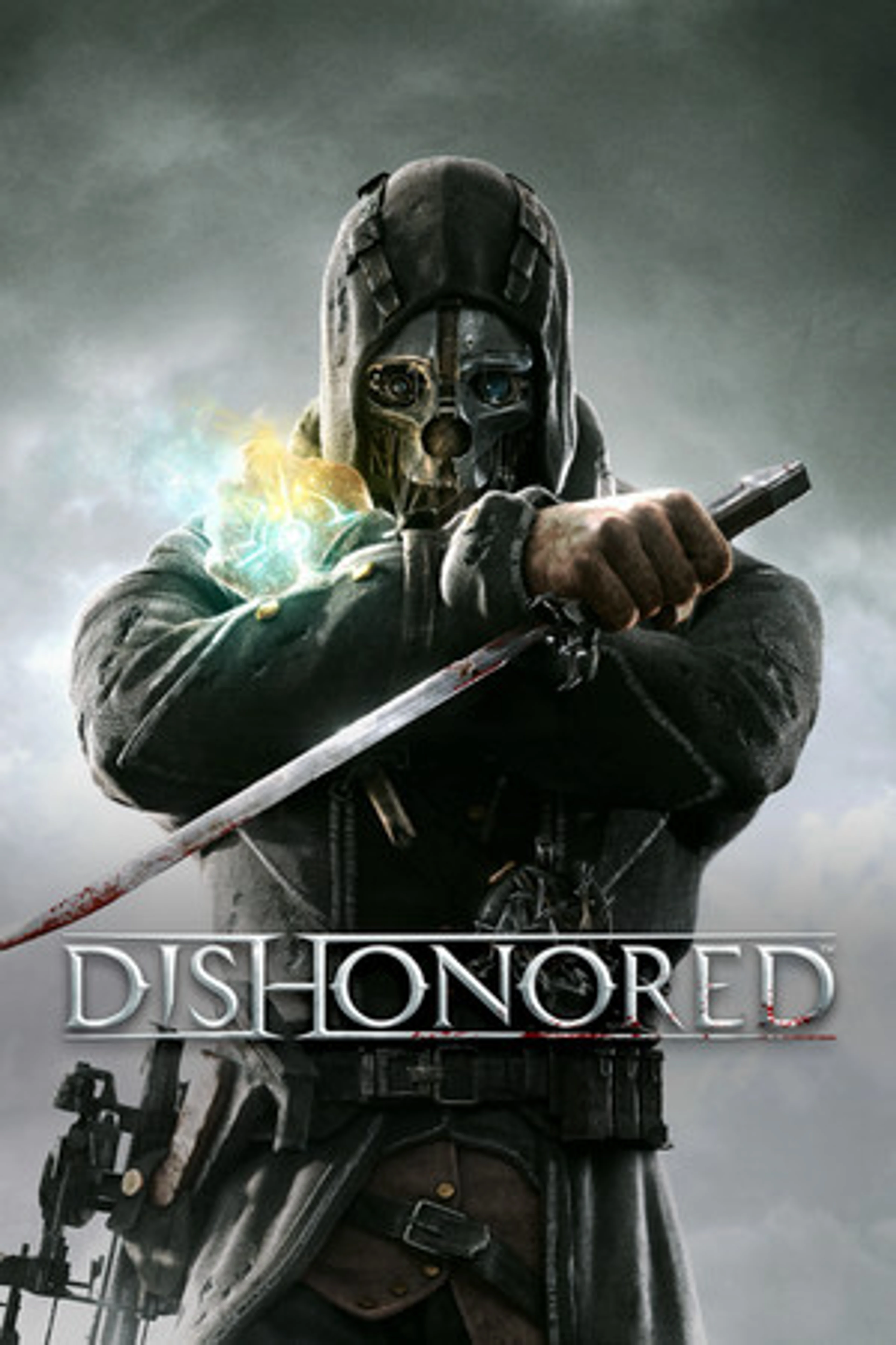 Official Dishonored cover: the masked Corvo holds a blade below the game logo.