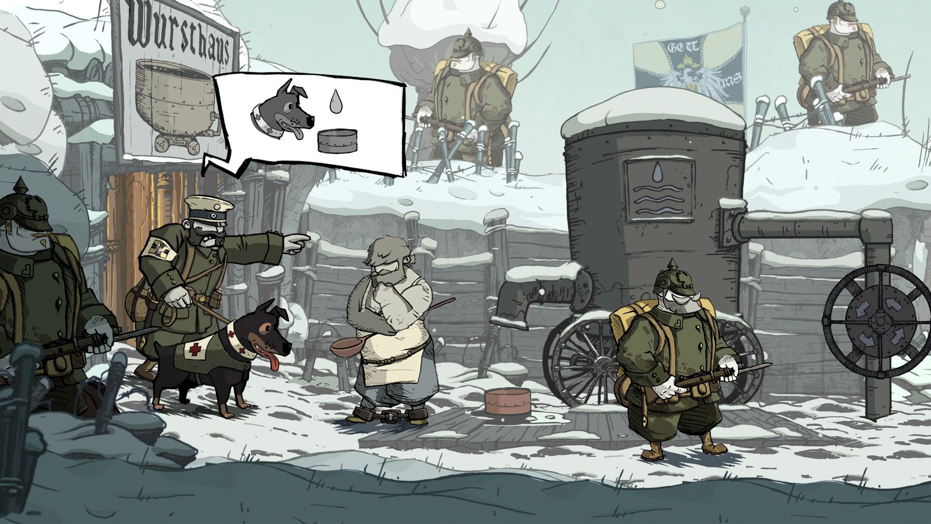 Snowy town with soldiers, a dog and a thought bubble showing a requested object.
