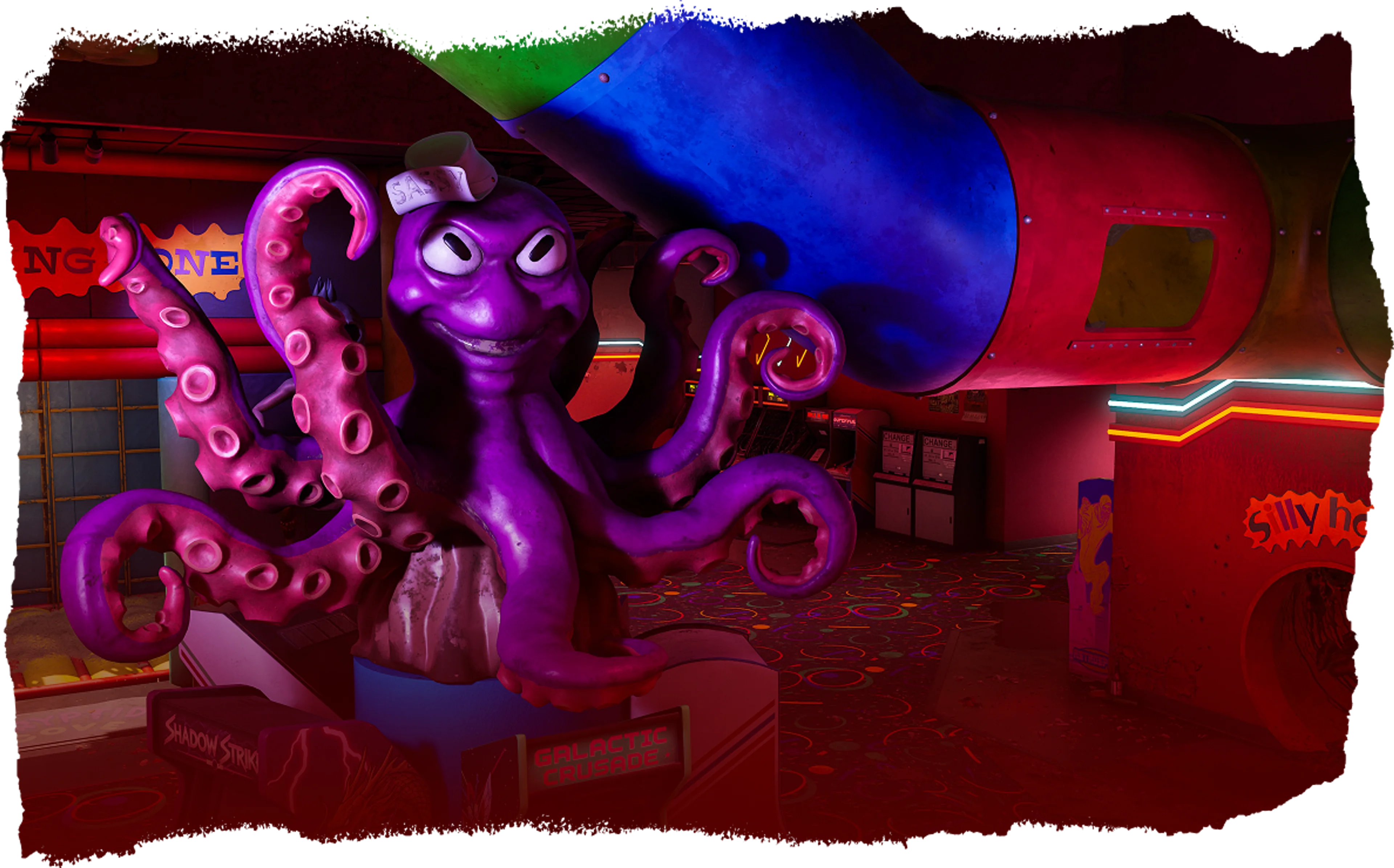 A purple creature looms inside an arcade-like room in an official PUBG: DED.NET image.