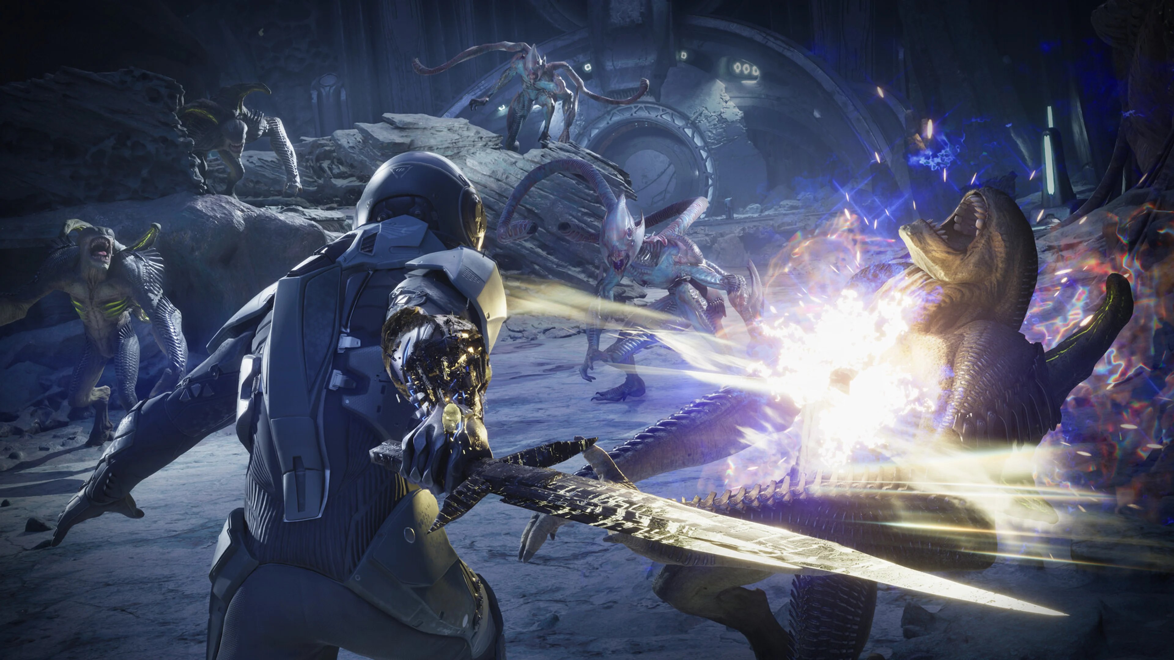 Jun fights several pale alien creatures in a blue-lit ruin while a burst of energy cuts across the scene.