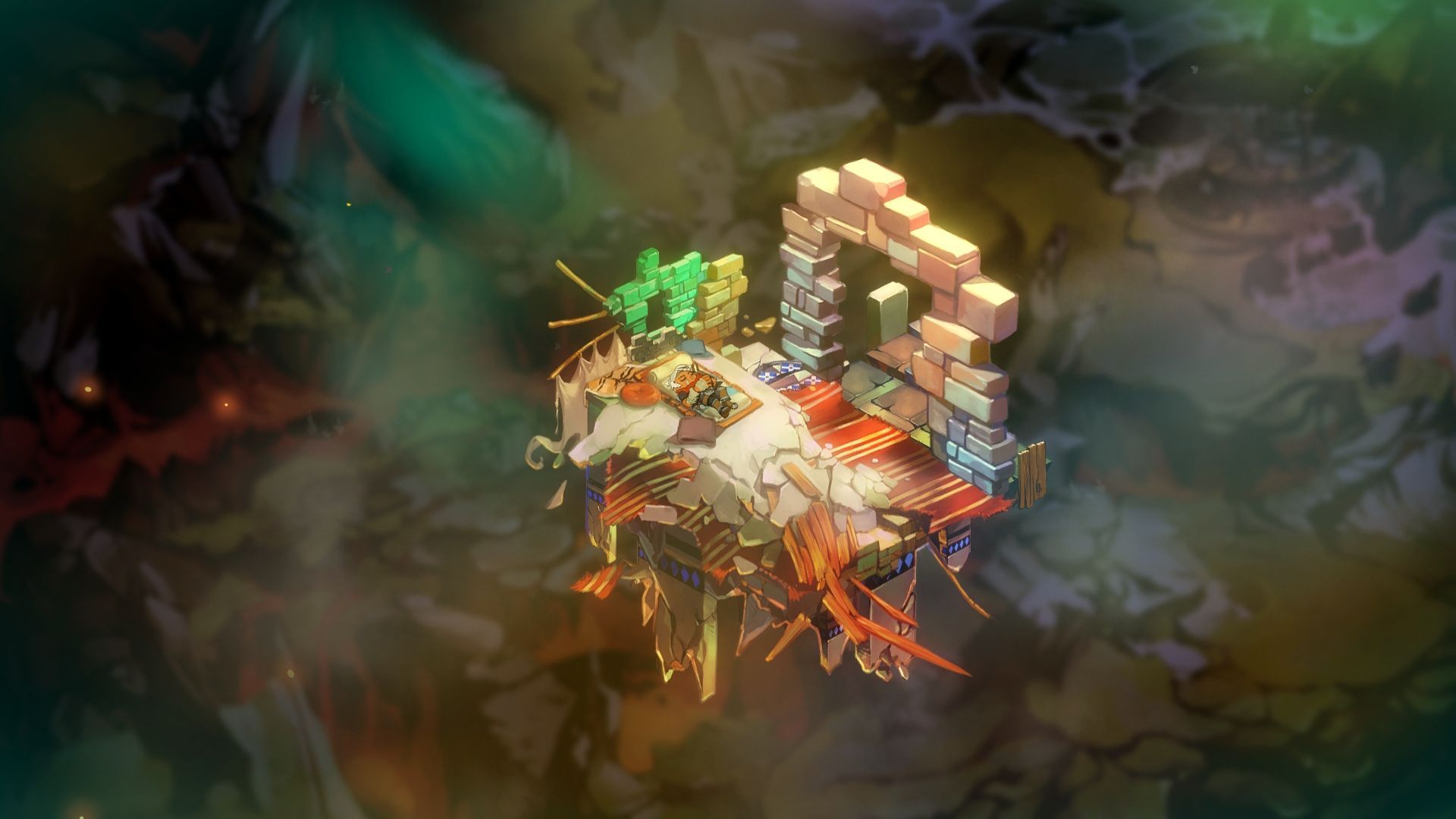 The Kid lies on a bed on a small floating room fragment at the start of Bastion.
