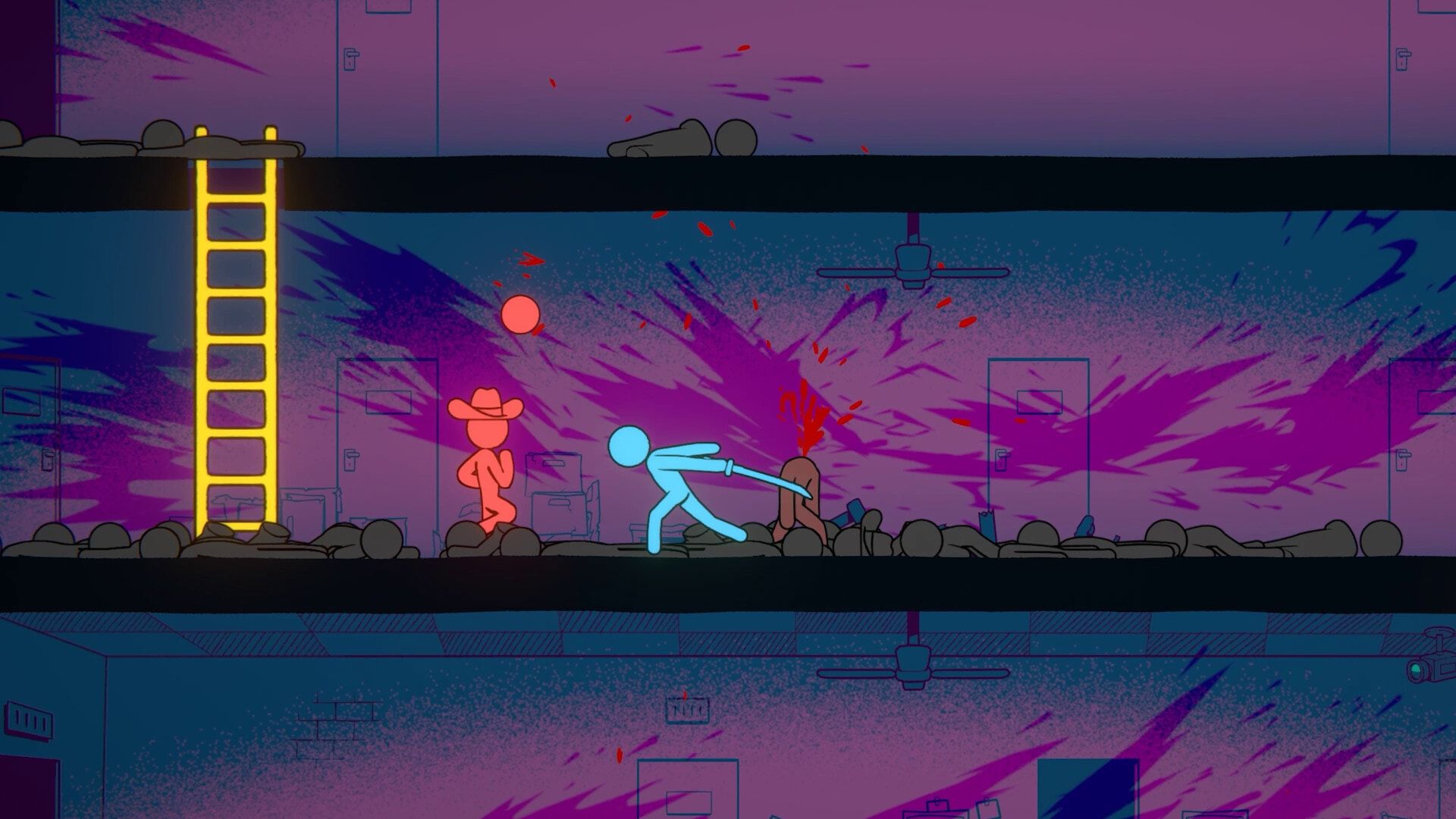 Two stick figures battle in a purple industrial area.