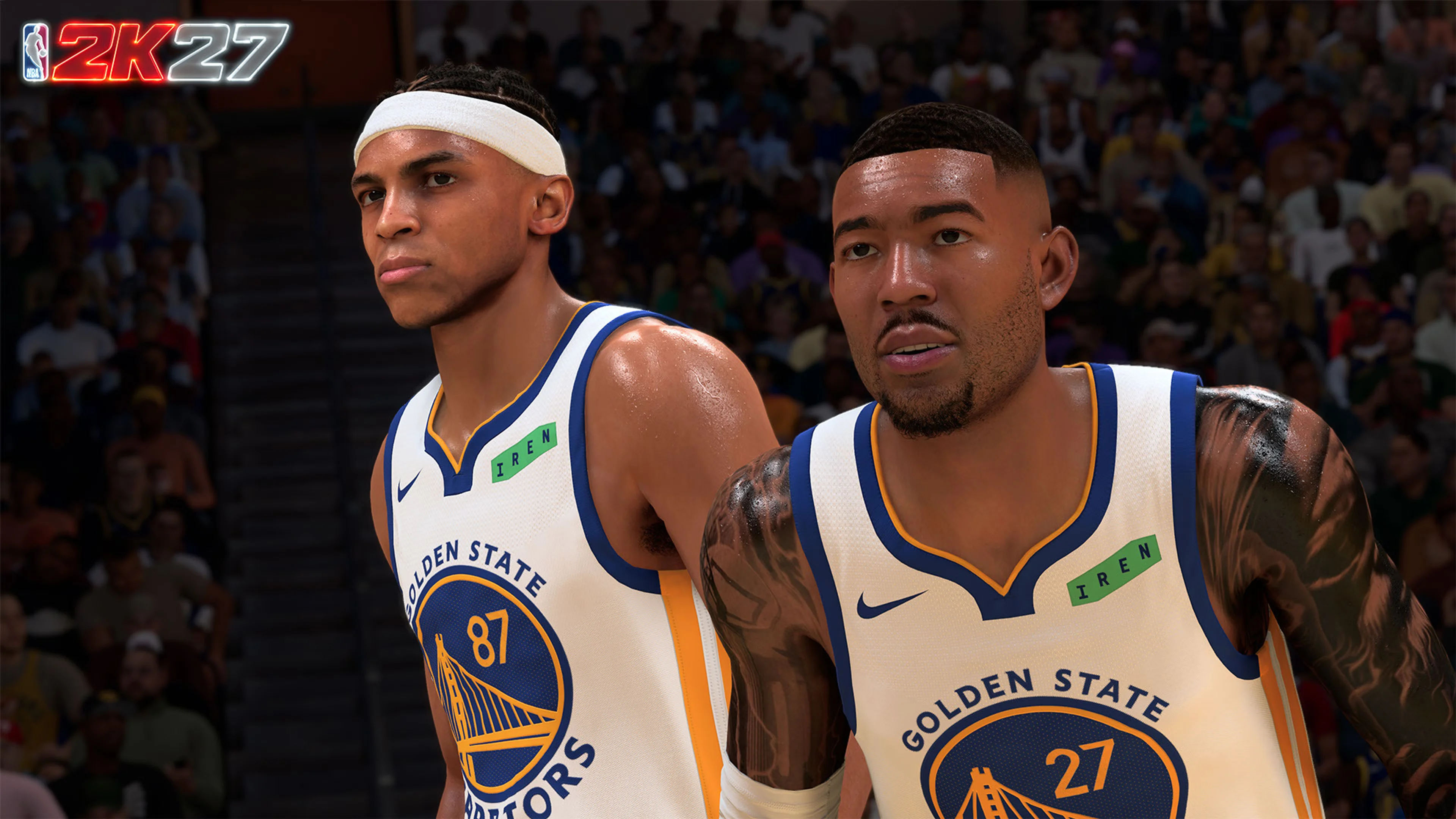 A created MyPLAYER stands beside Running Mate Trace Miller during an NBA 2K27 MyCAREER game.